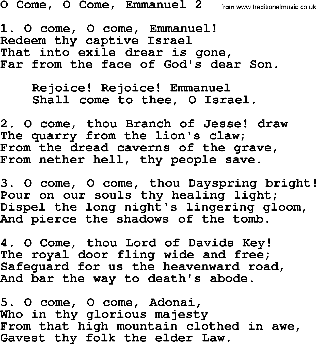 Advent Hymns, Hymn: O Come, O Come, Emmanuel 2, lyrics with PDF