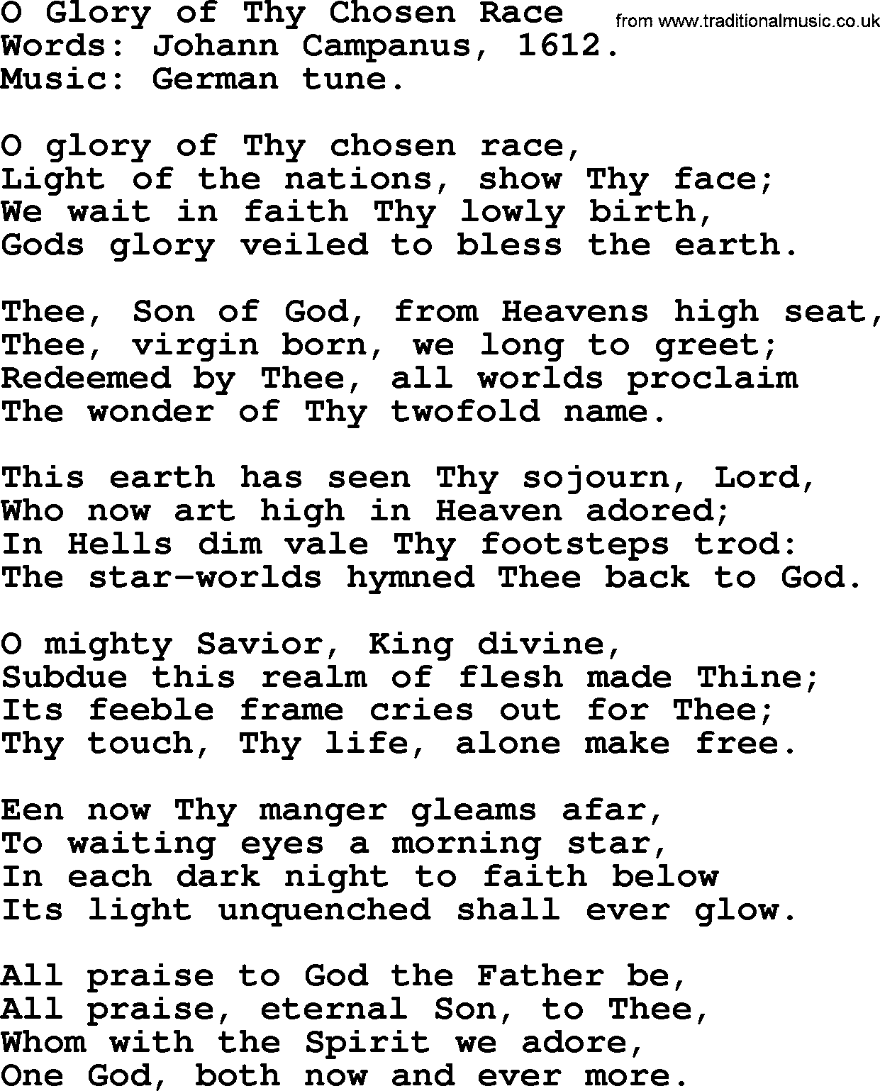 Advent Hymns, Hymn: O Glory Of Thy Chosen Race, lyrics with PDF