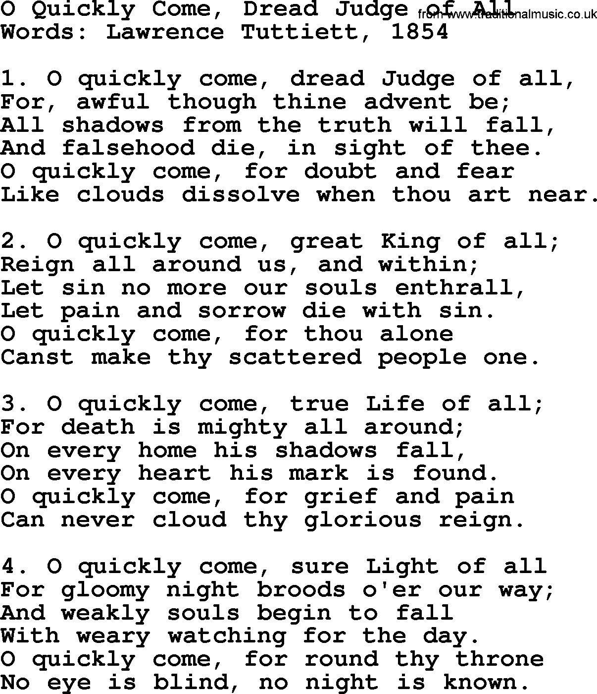 Advent Hymns, Hymn: O Quickly Come, Dread Judge Of All, lyrics with PDF