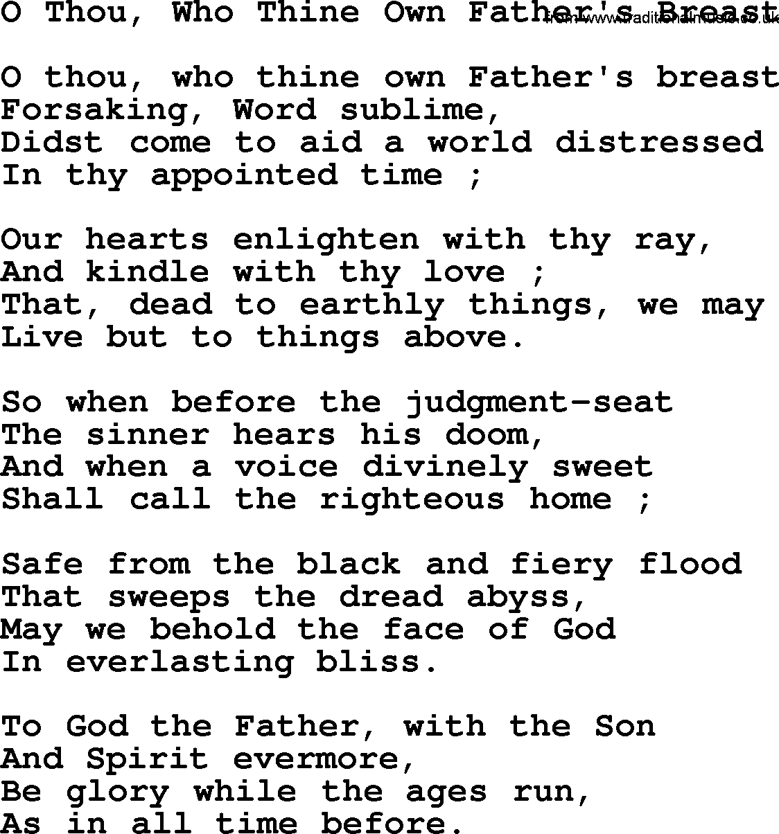 Advent Hymns, Hymn: O Thou, Who Thine Own Father's Breast, lyrics with PDF