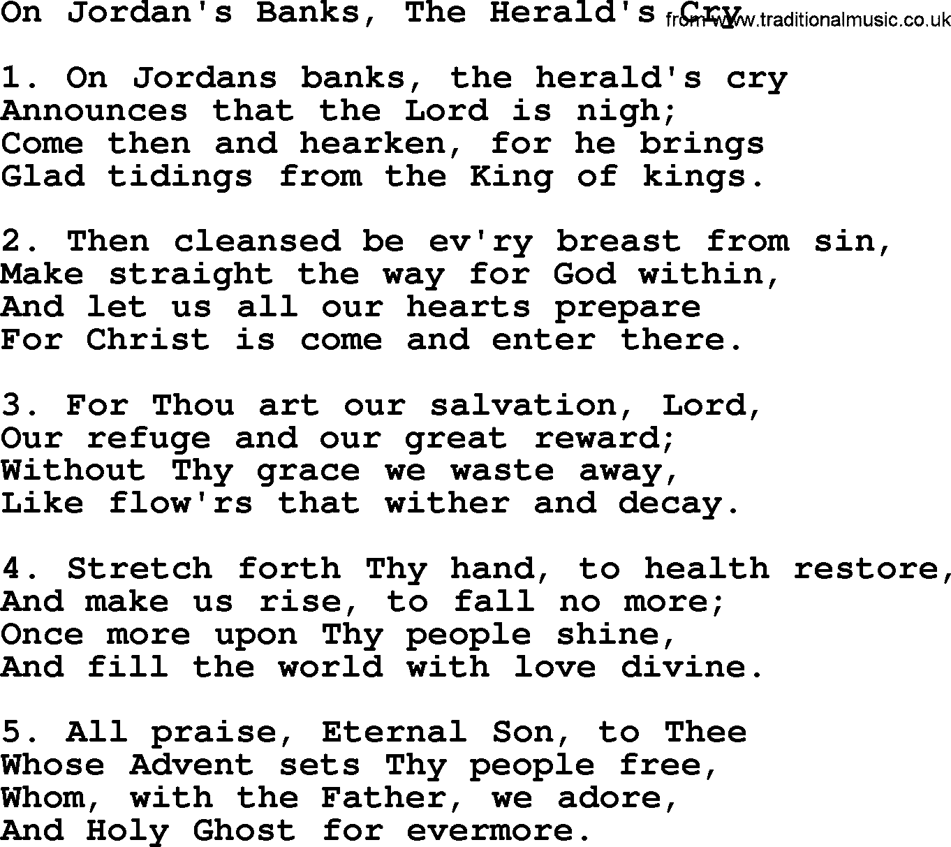 Advent Hymns, Hymn: On Jordan's Banks, The Herald's Cry, lyrics with PDF