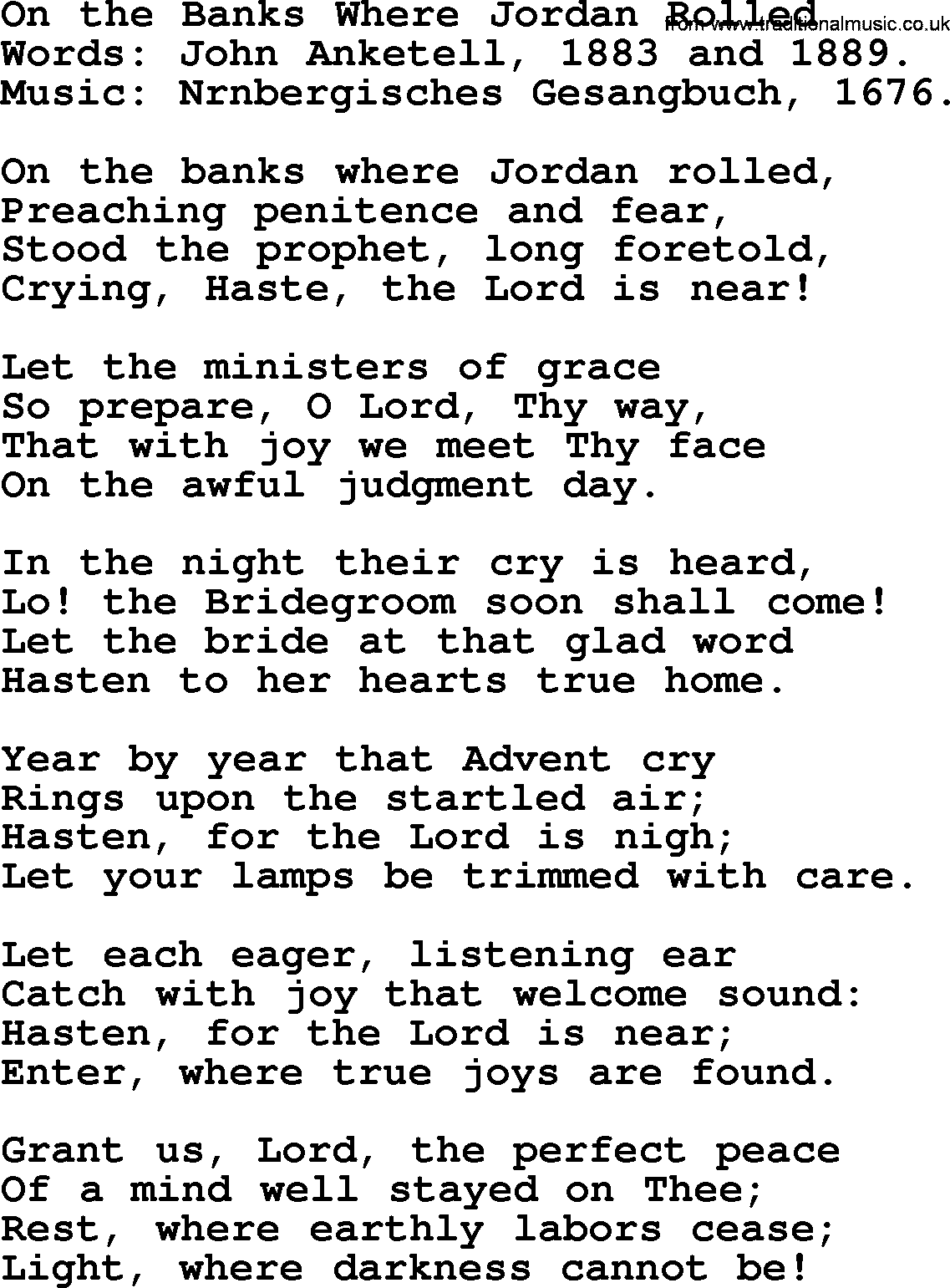Advent Hymns, Hymn: On The Banks Where Jordan Rolled, lyrics with PDF