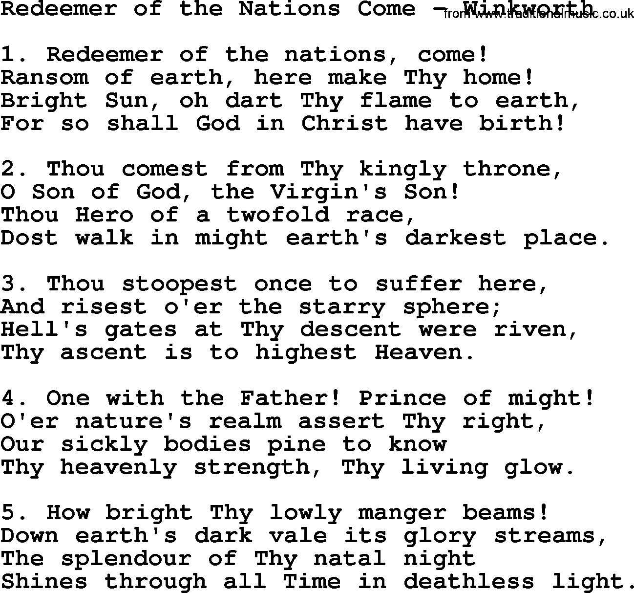 Advent Hymns, Hymn: Redeemer Of The Nations Come(Winkworth), lyrics with PDF