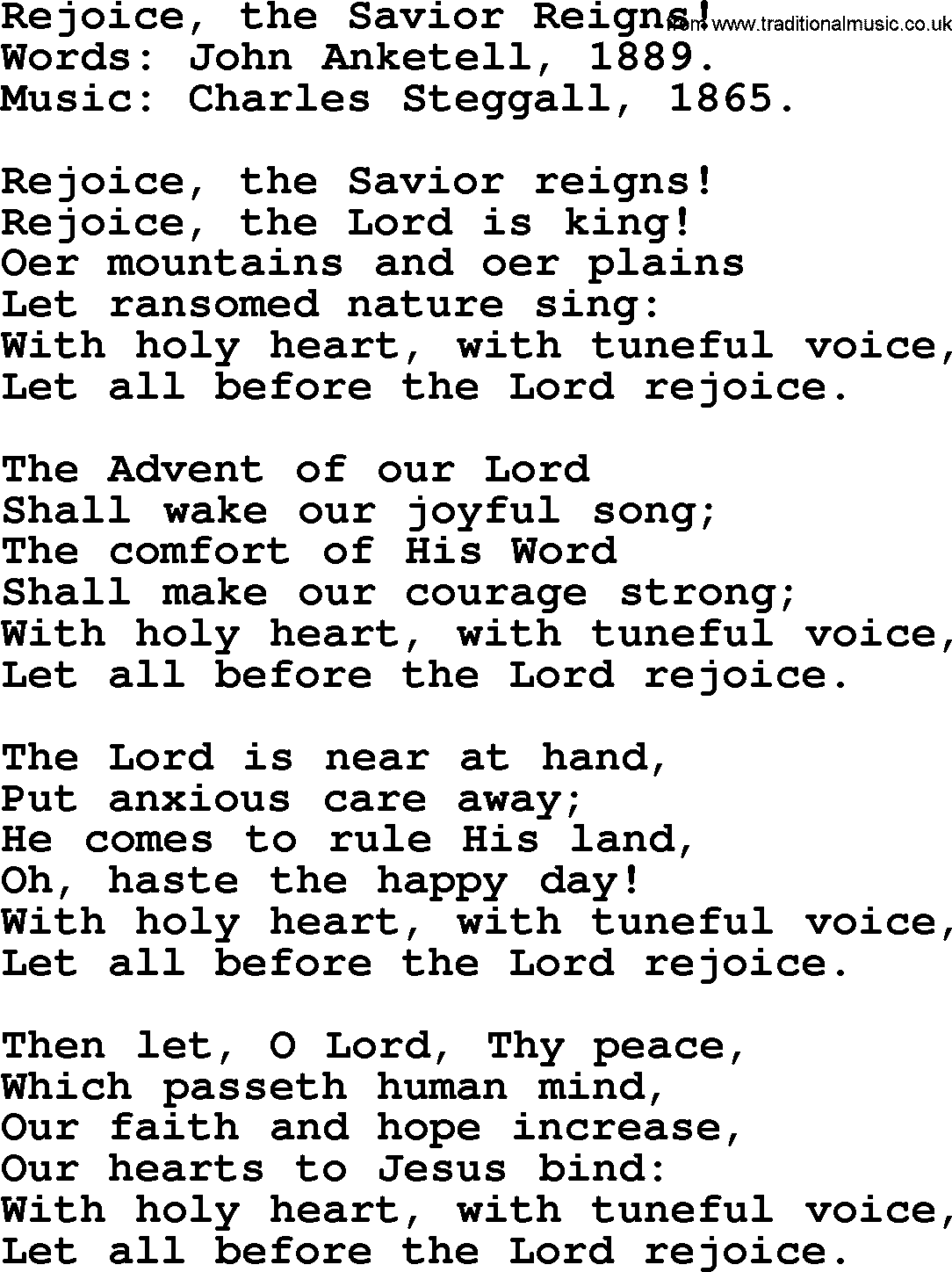 Advent Hymns, Hymn: Rejoice, The Savior Reigns!, lyrics with PDF
