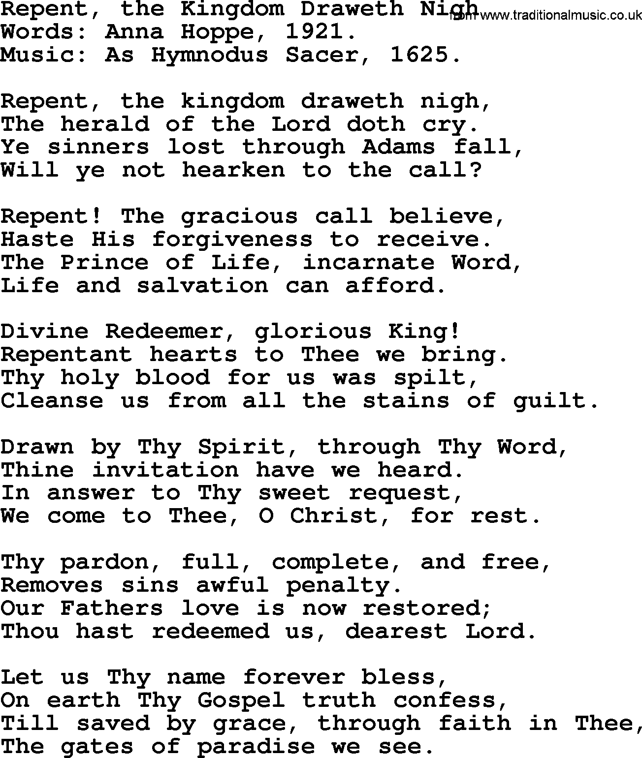 Advent Hymns, Hymn: Repent, The Kingdom Draweth Nigh, lyrics with PDF