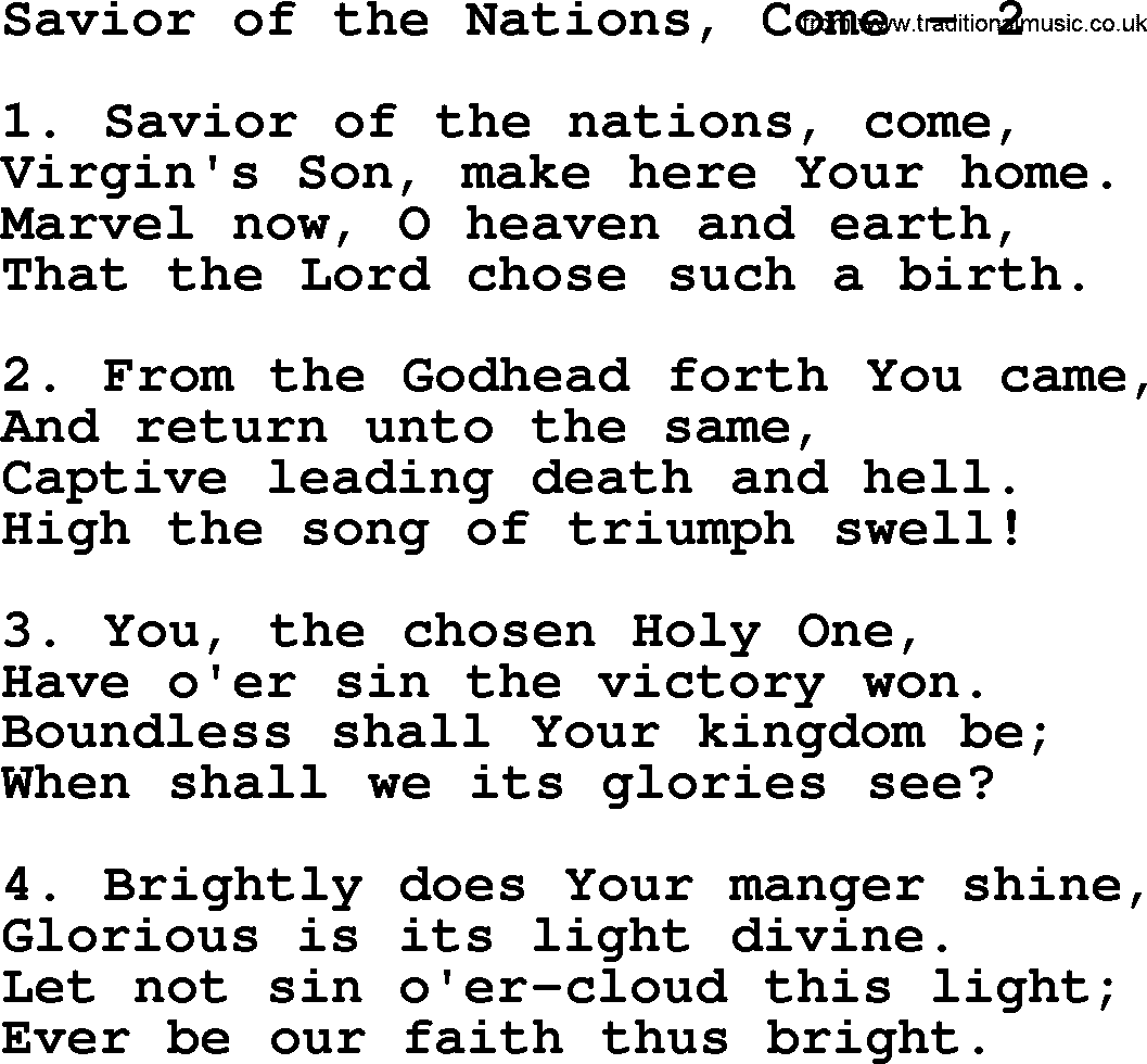 Advent Hymns, Hymn: Savior Of The Nations, Come 2, lyrics with PDF
