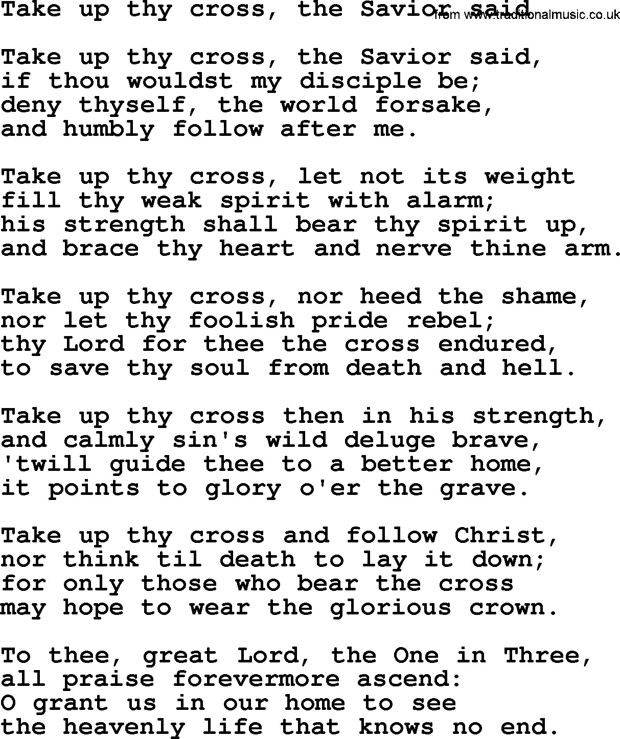 Advent Hymns, Hymn: Take Up Thy Cross, The Savior Said, lyrics with PDF
