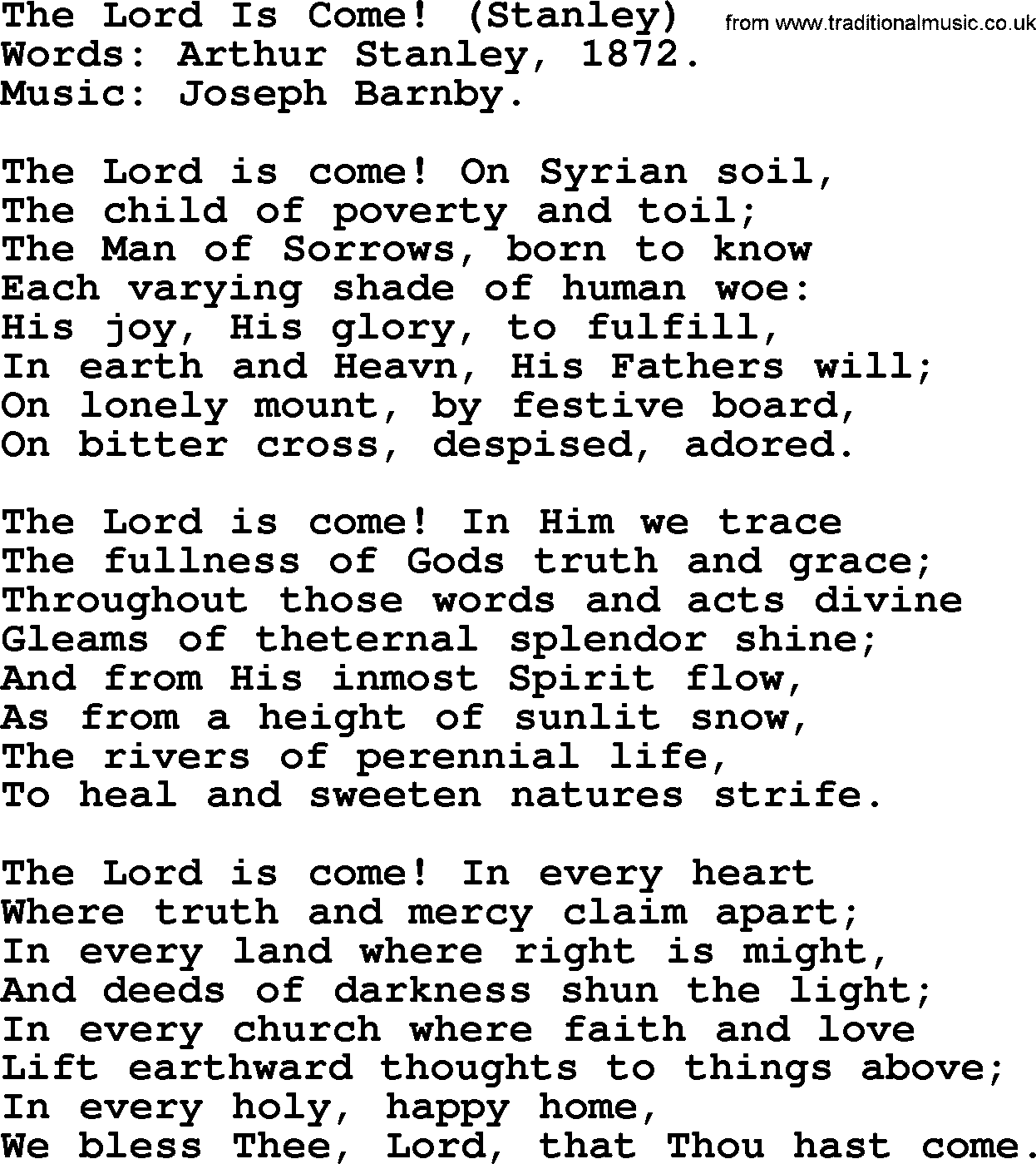 Advent Hymns, Hymn: The Lord Is Come! (Stanley), lyrics with PDF