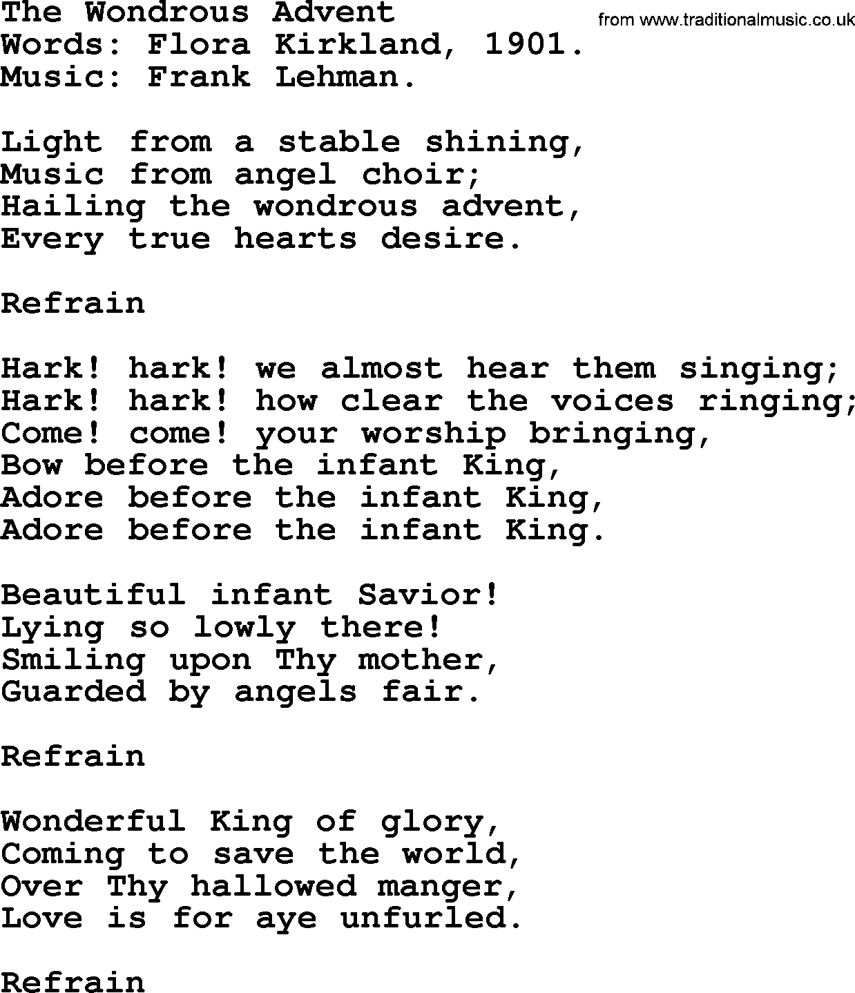 Advent Hymns, Hymn: The Wondrous Advent, lyrics with PDF