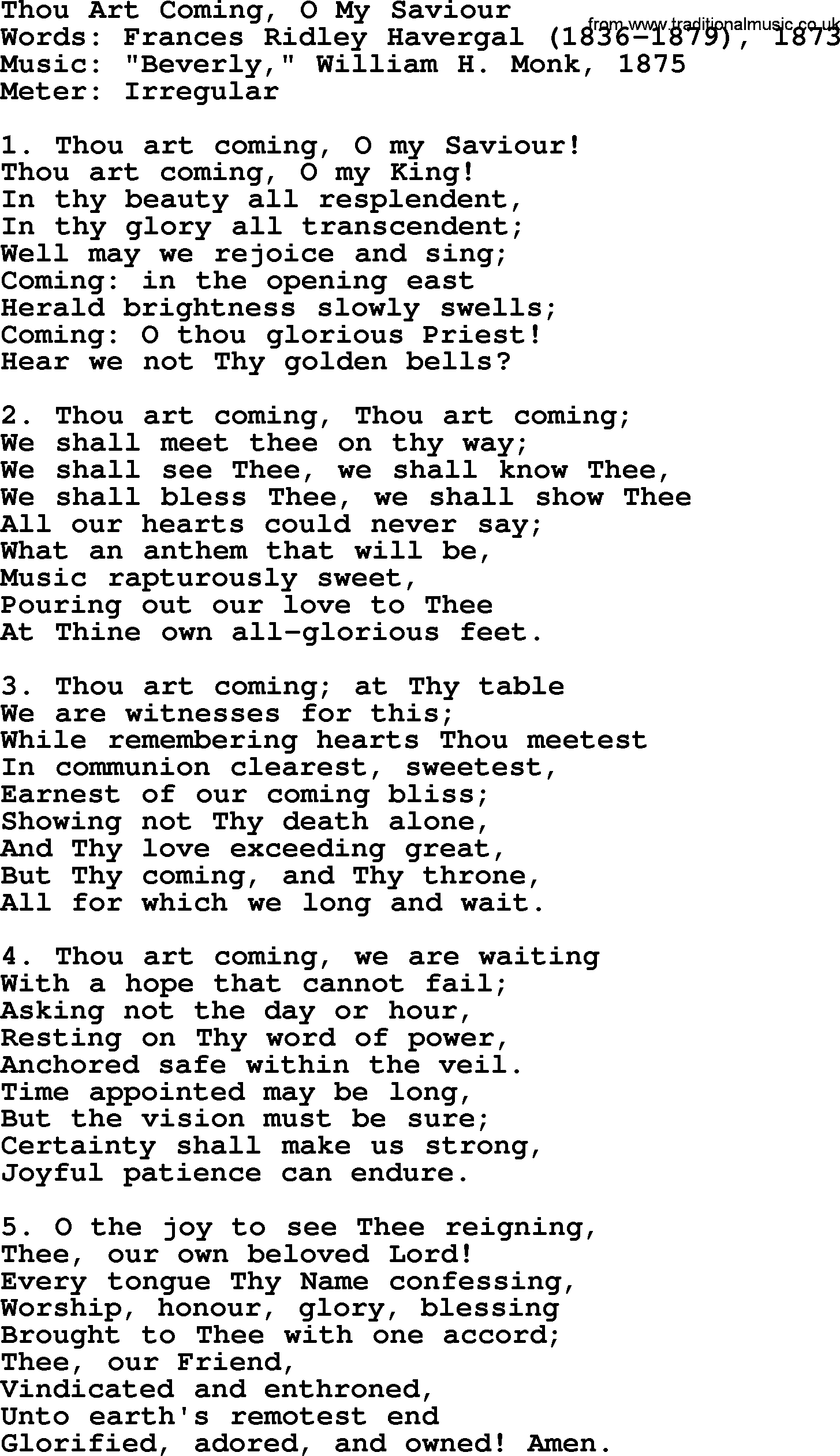 Advent Hymns, Hymn: Thou Art Coming, O My Saviour, lyrics with PDF