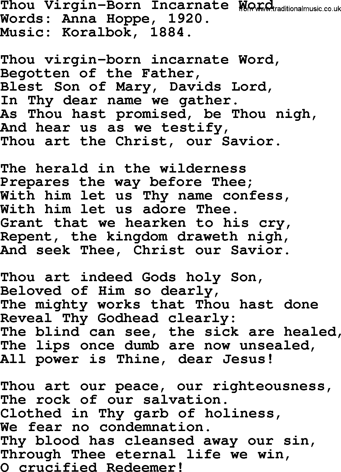 Advent Hymns, Hymn: Thou Virgin-Born Incarnate Word, lyrics with PDF