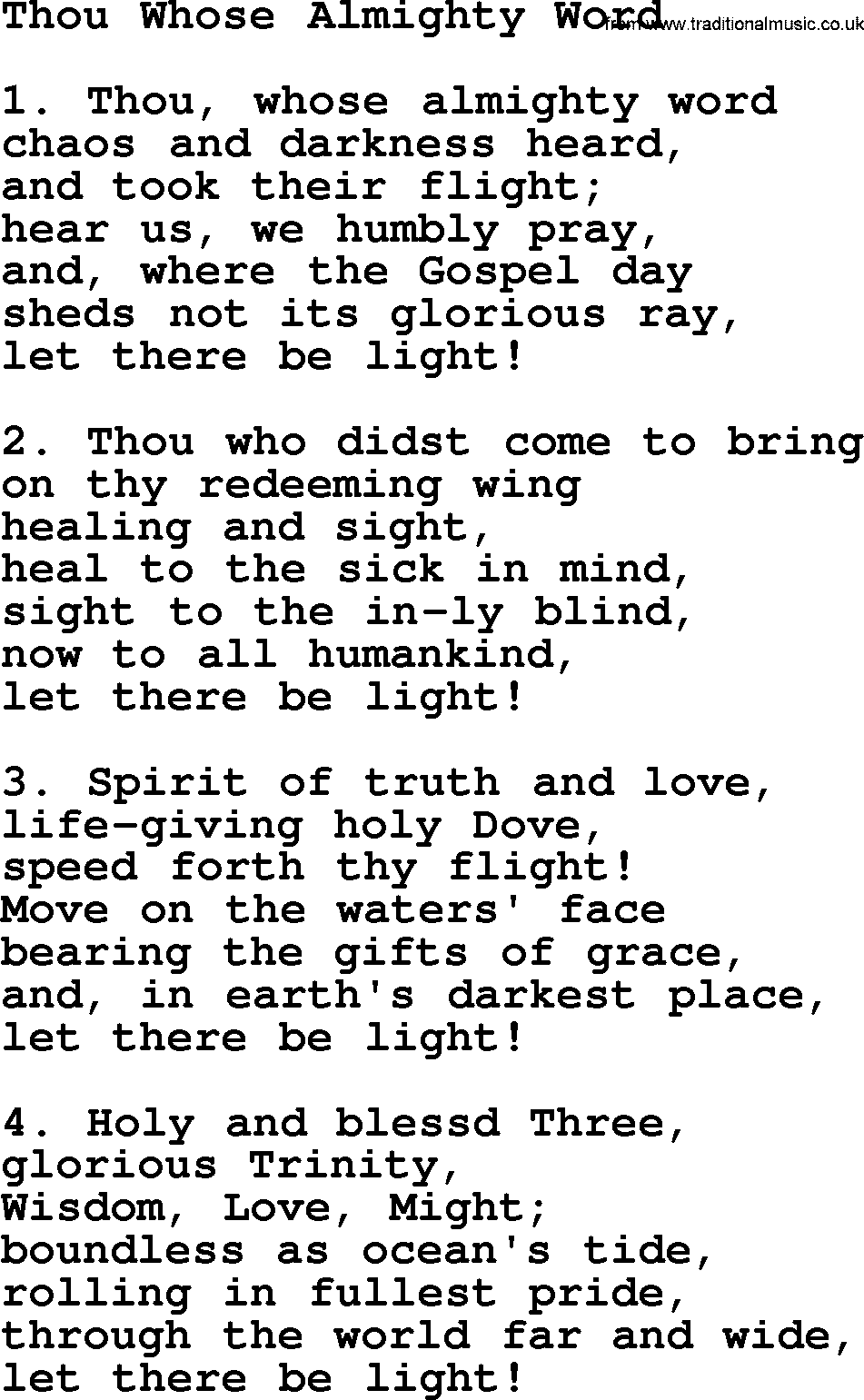 Advent Hymns, Hymn: Thou Whose Almighty Word, lyrics with PDF