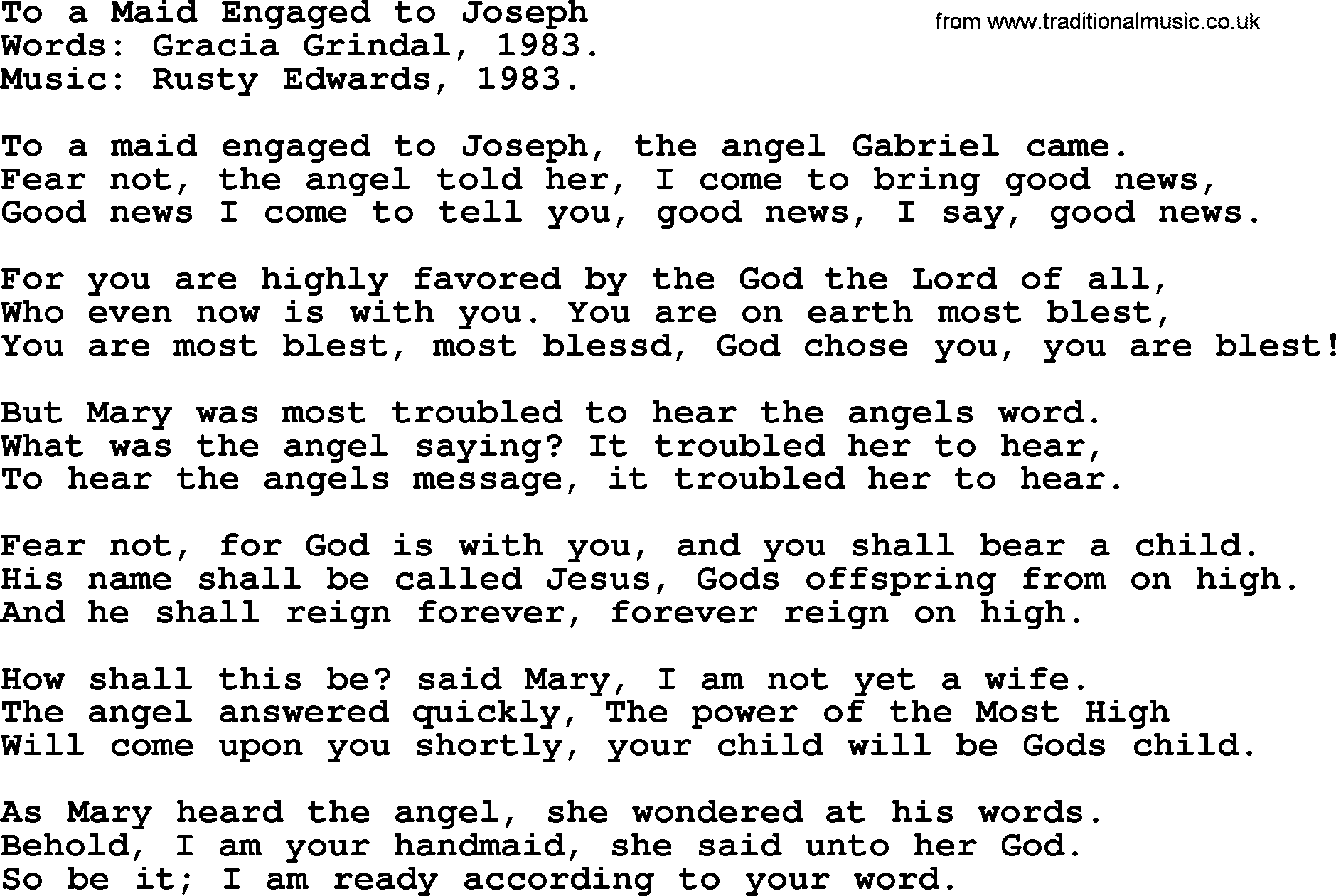 Advent Hymns, Hymn: To A Maid Engaged To Joseph, lyrics with PDF
