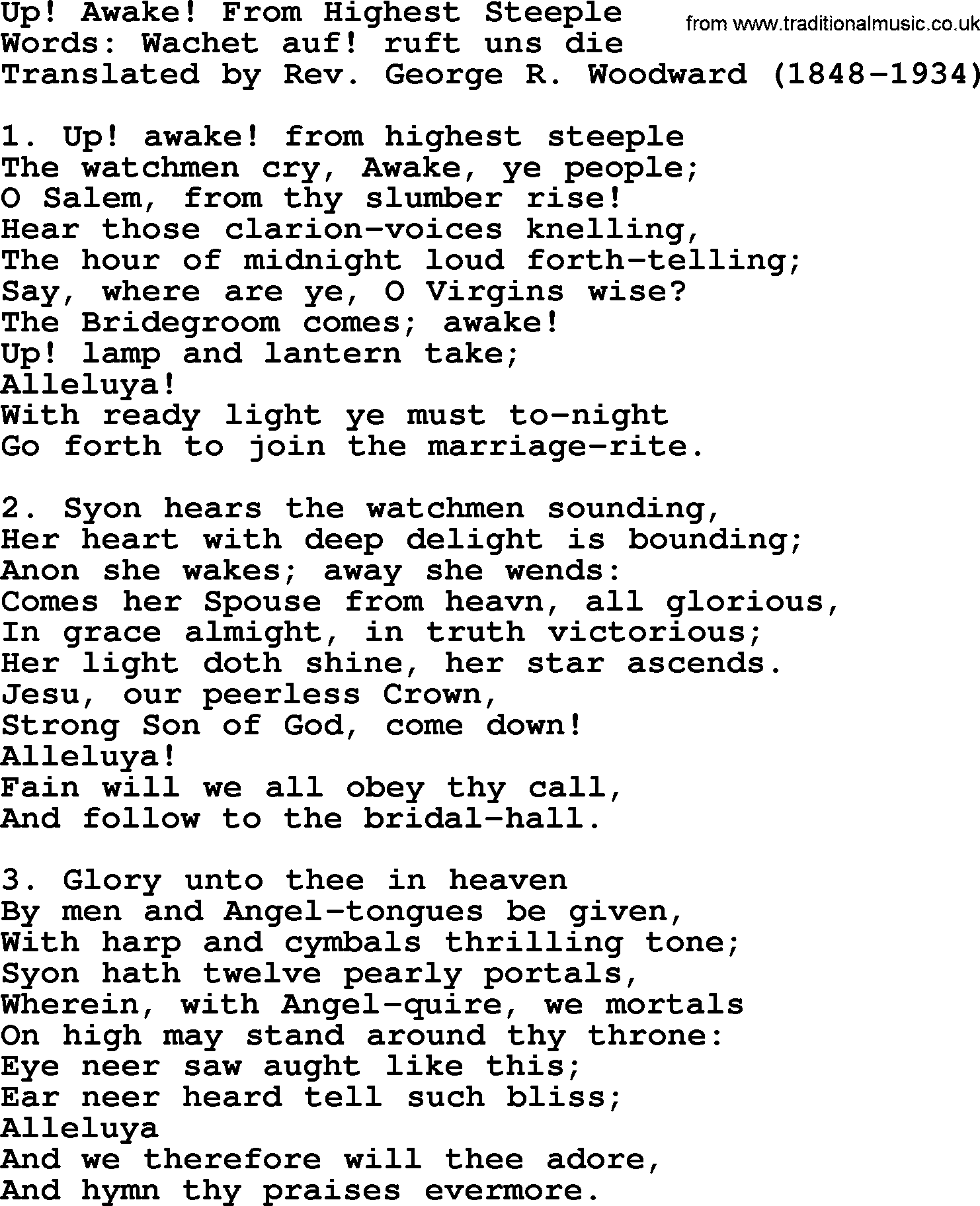 Advent Hymns, Hymn: Up! Awake! From Highest Steeple, lyrics with PDF