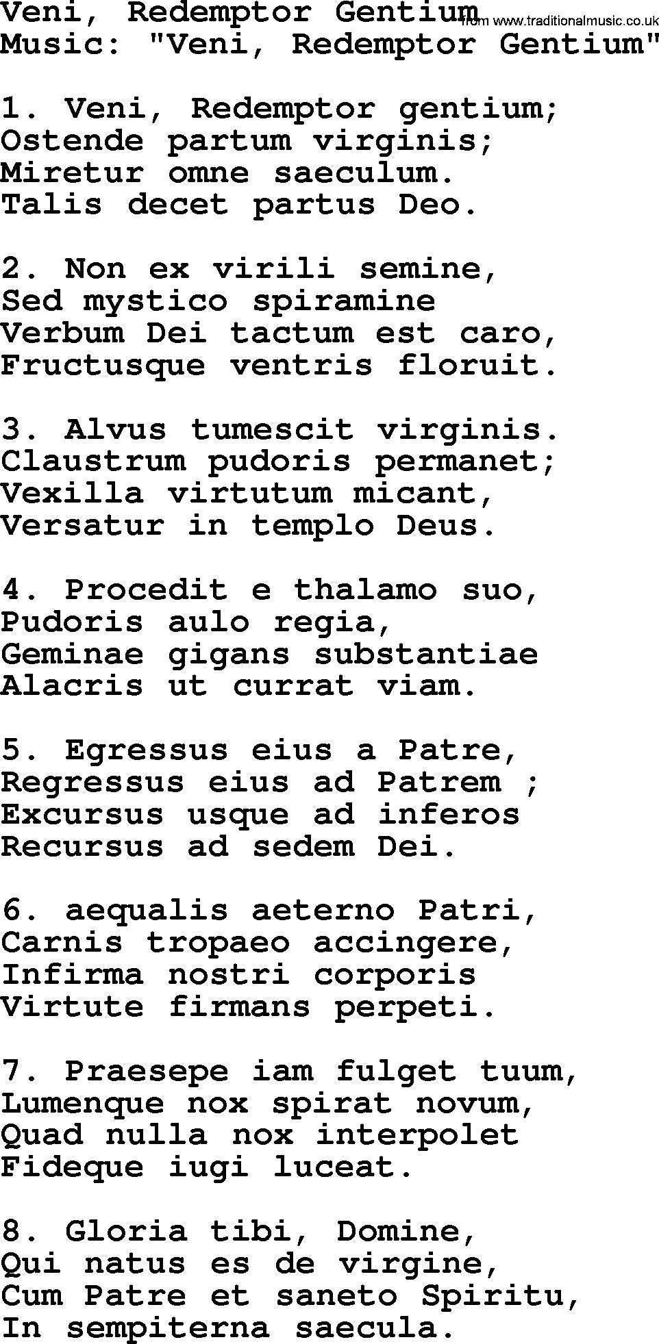 Advent Hymns, Hymn: Veni, Redemptor Gentium, lyrics with PDF