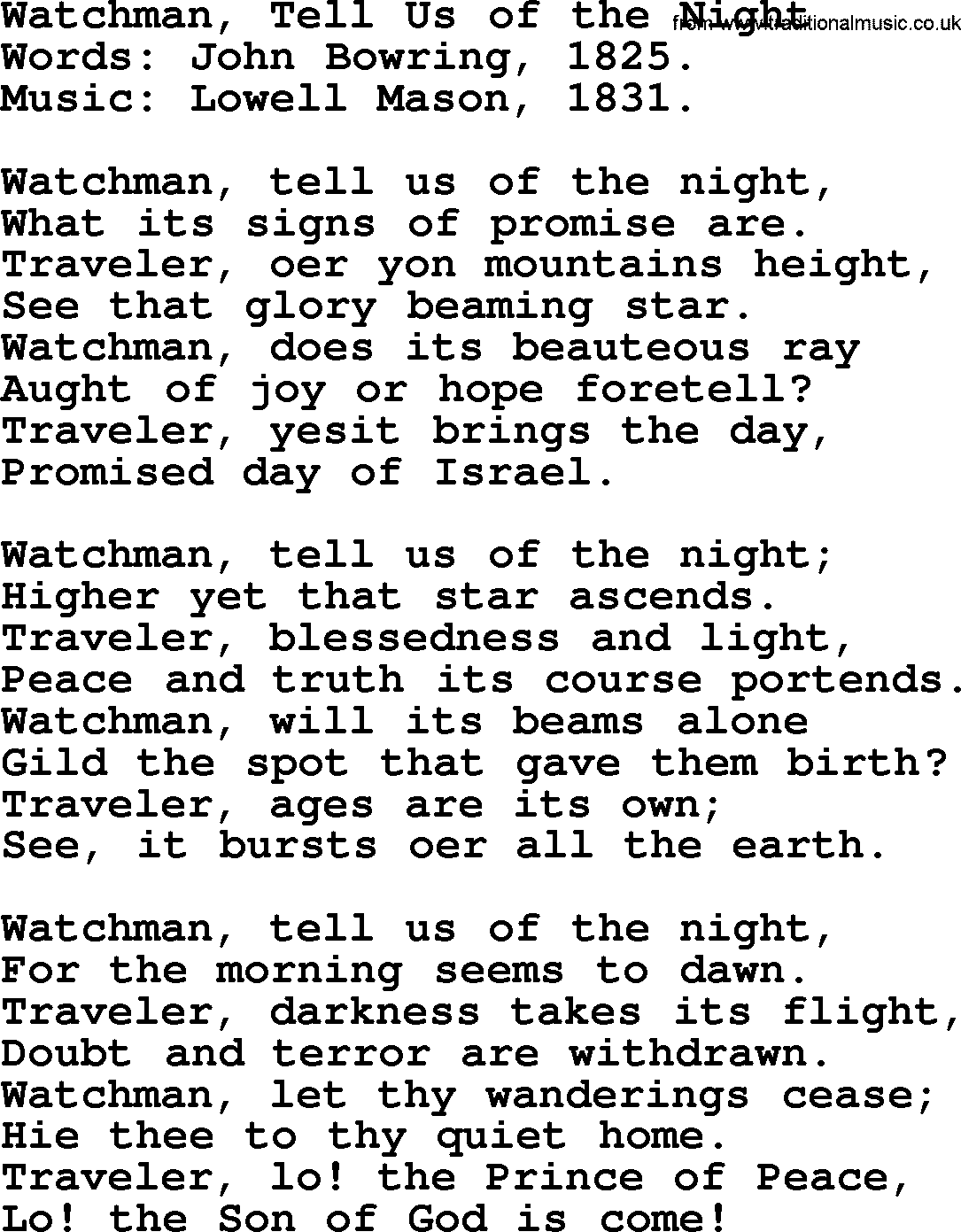 Advent Hymns, Hymn: Watchman, Tell Us Of The Night, lyrics with PDF