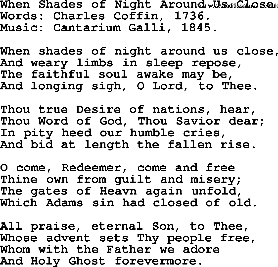 Advent Hymns, Hymn: When Shades Of Night Around Us Close, lyrics with PDF