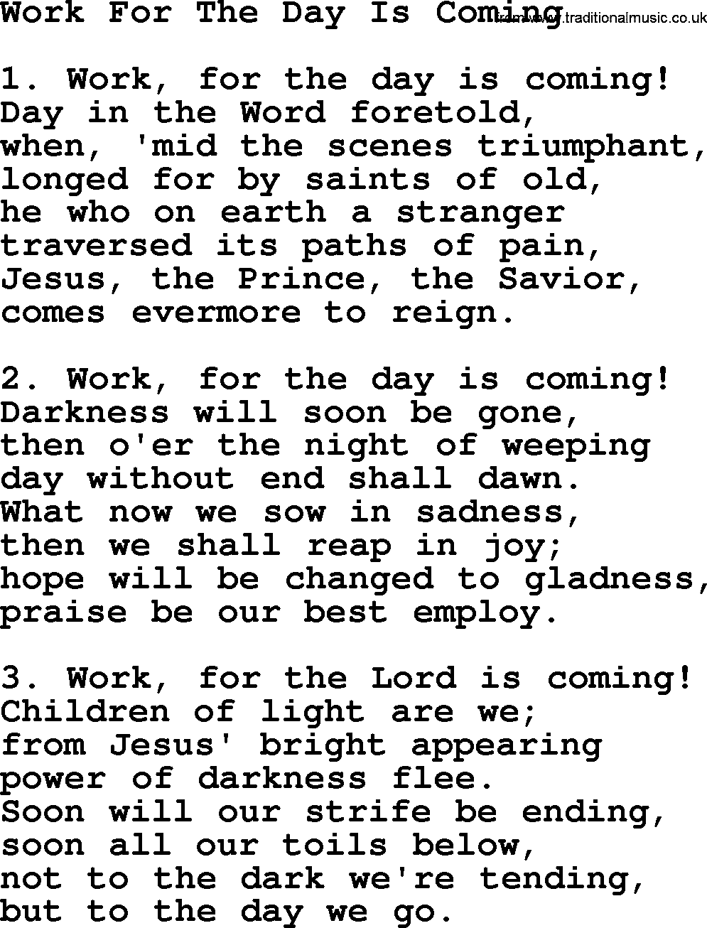 Advent Hymns, Hymn: Work For The Day Is Coming, lyrics with PDF