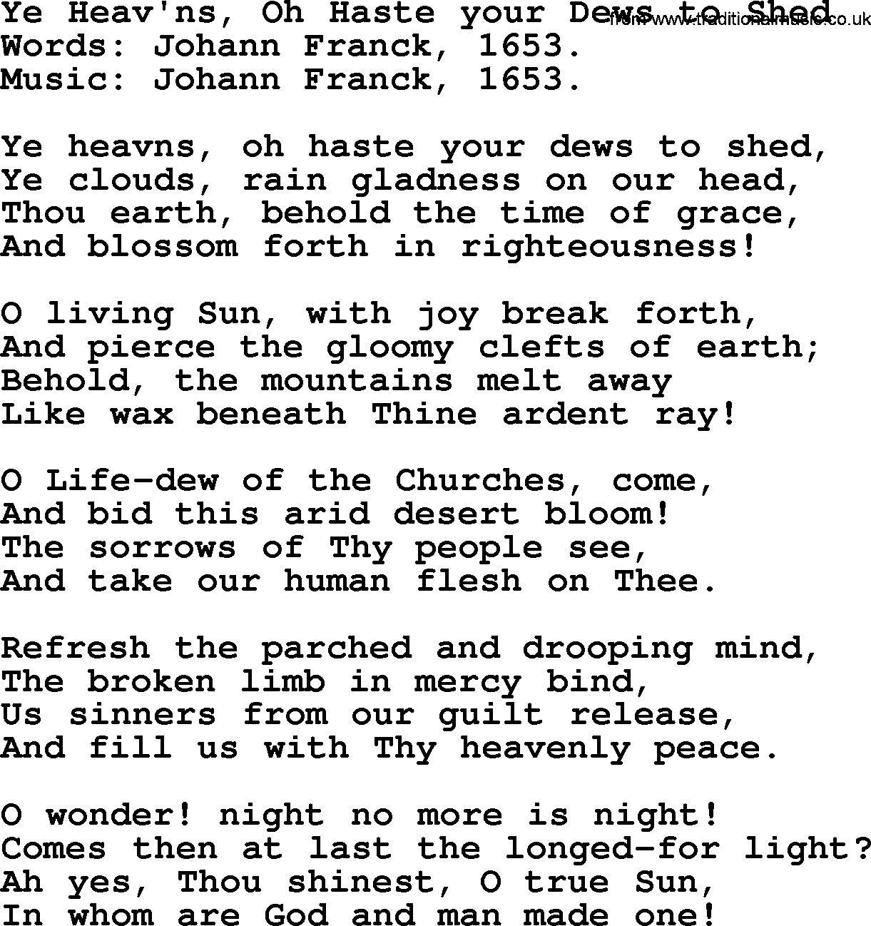 Advent Hymns, Hymn: Ye Heav'ns, Oh Haste Your Dews To Shed, lyrics with PDF