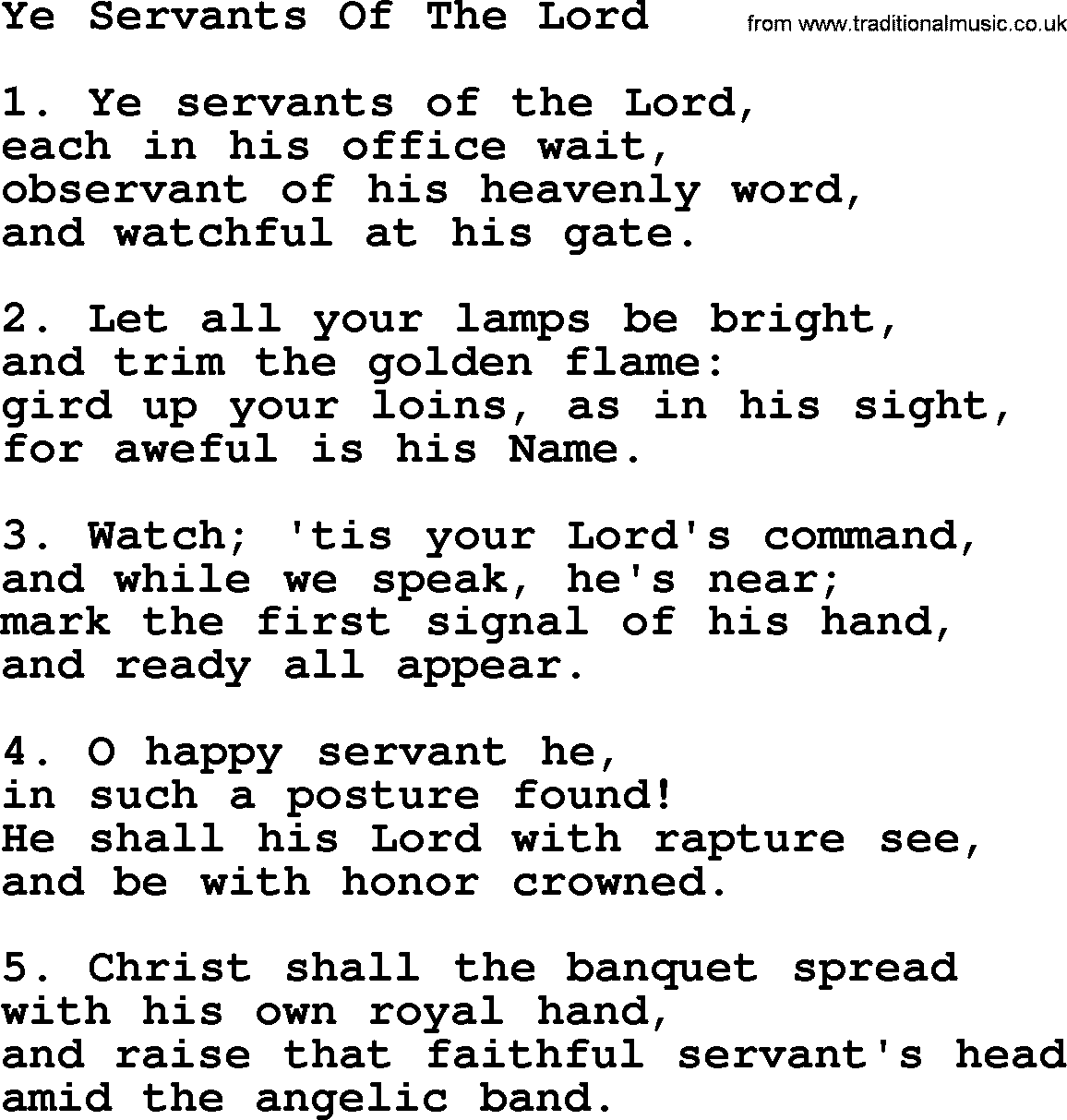 Advent Hymns, Hymn: Ye Servants Of The Lord, lyrics with PDF