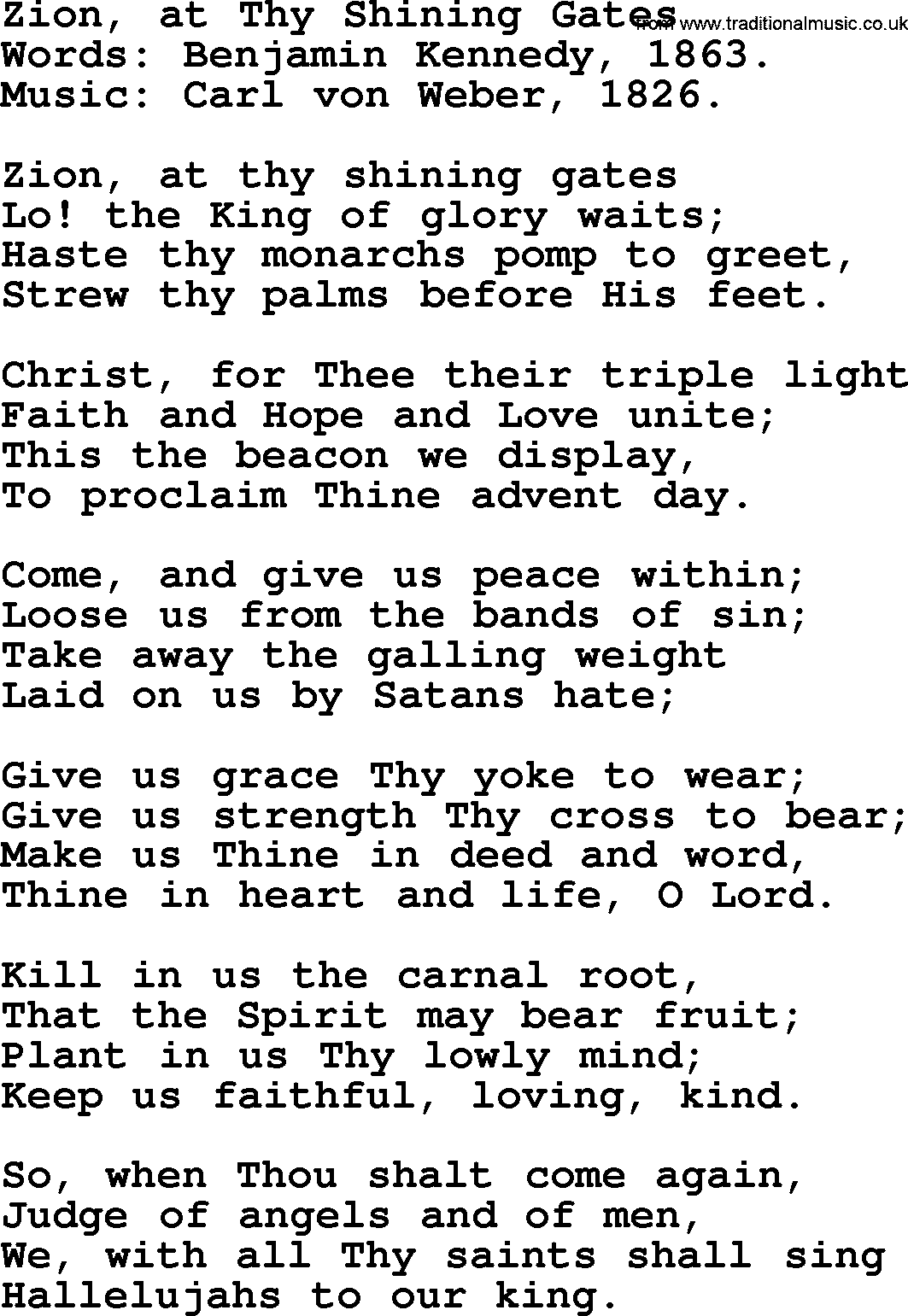 Advent Hymns, Hymn: Zion, At Thy Shining Gates, lyrics with PDF