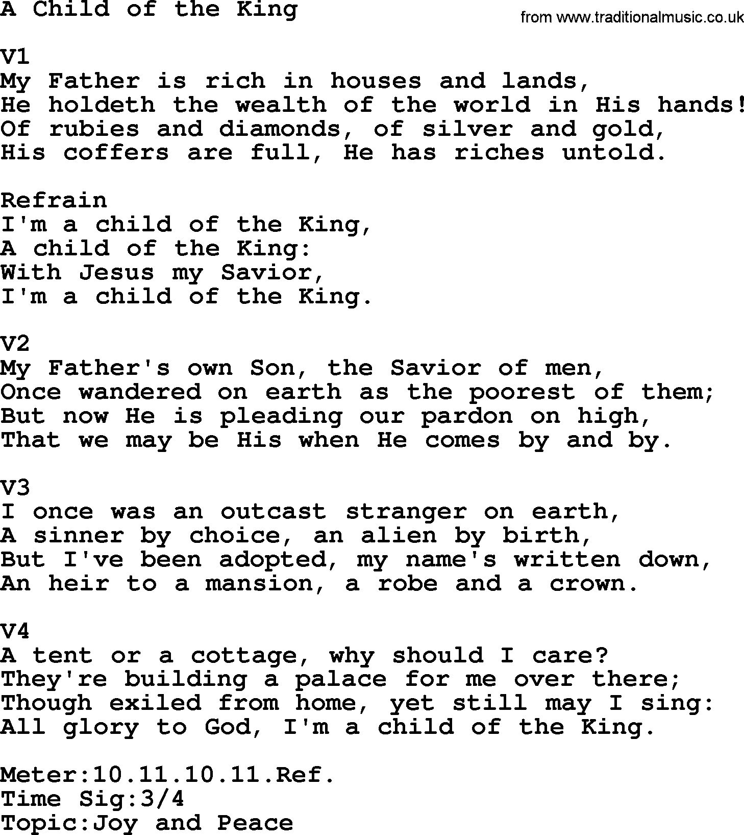 Adventist Hynms collection, Hymn: A Child Of The King, lyrics with PDF