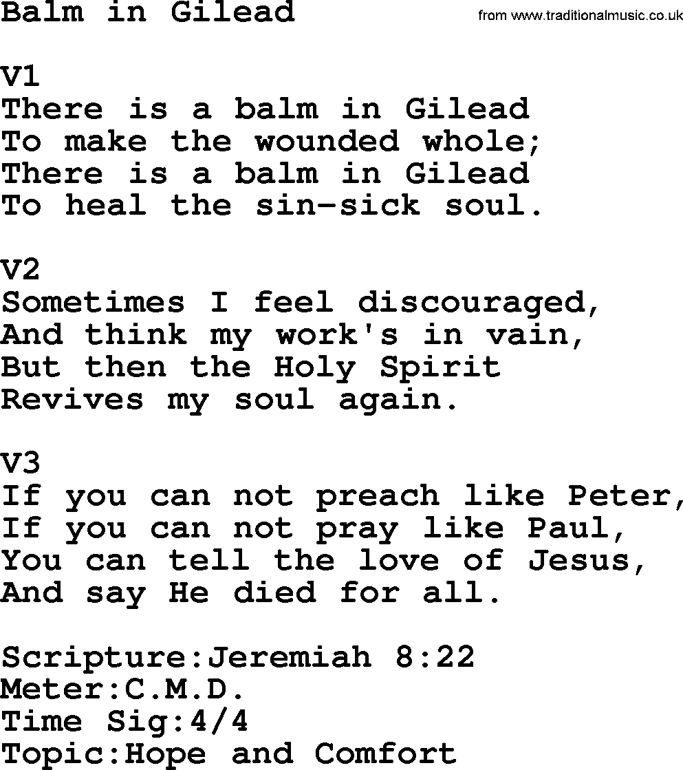 Adventist Hynms collection, Hymn: Balm In Gilead, lyrics with PDF
