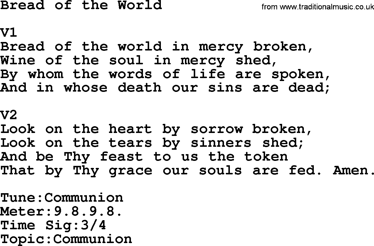 Adventist Hynms collection, Hymn: Bread Of The World, lyrics with PDF