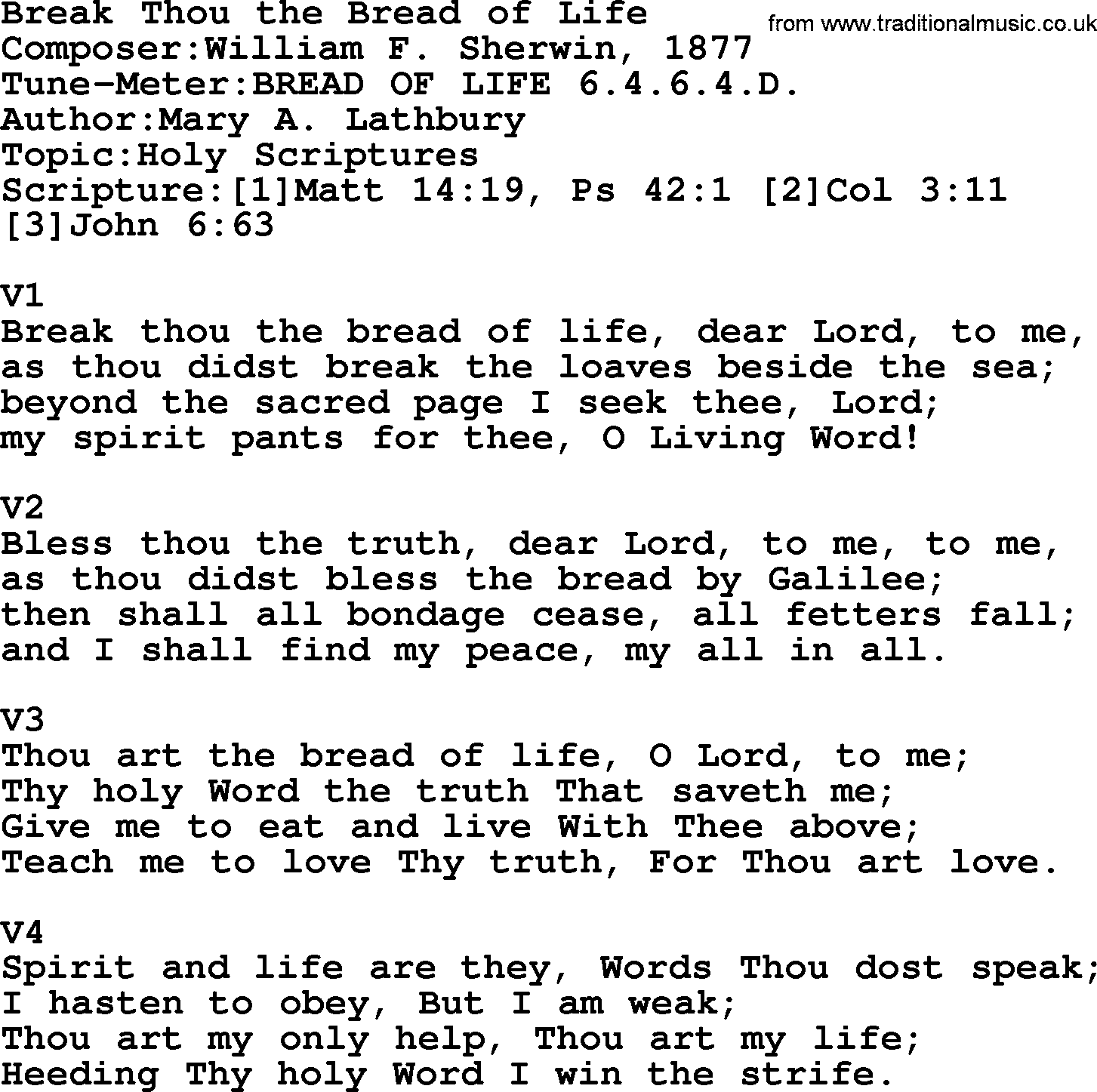 Adventist Hynms collection, Hymn: Break Thou The Bread Of Life, lyrics with PDF