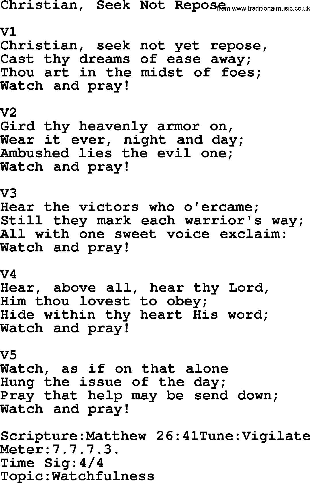 Adventist Hynms collection, Hymn: Christian, Seek Not Repose, lyrics with PDF