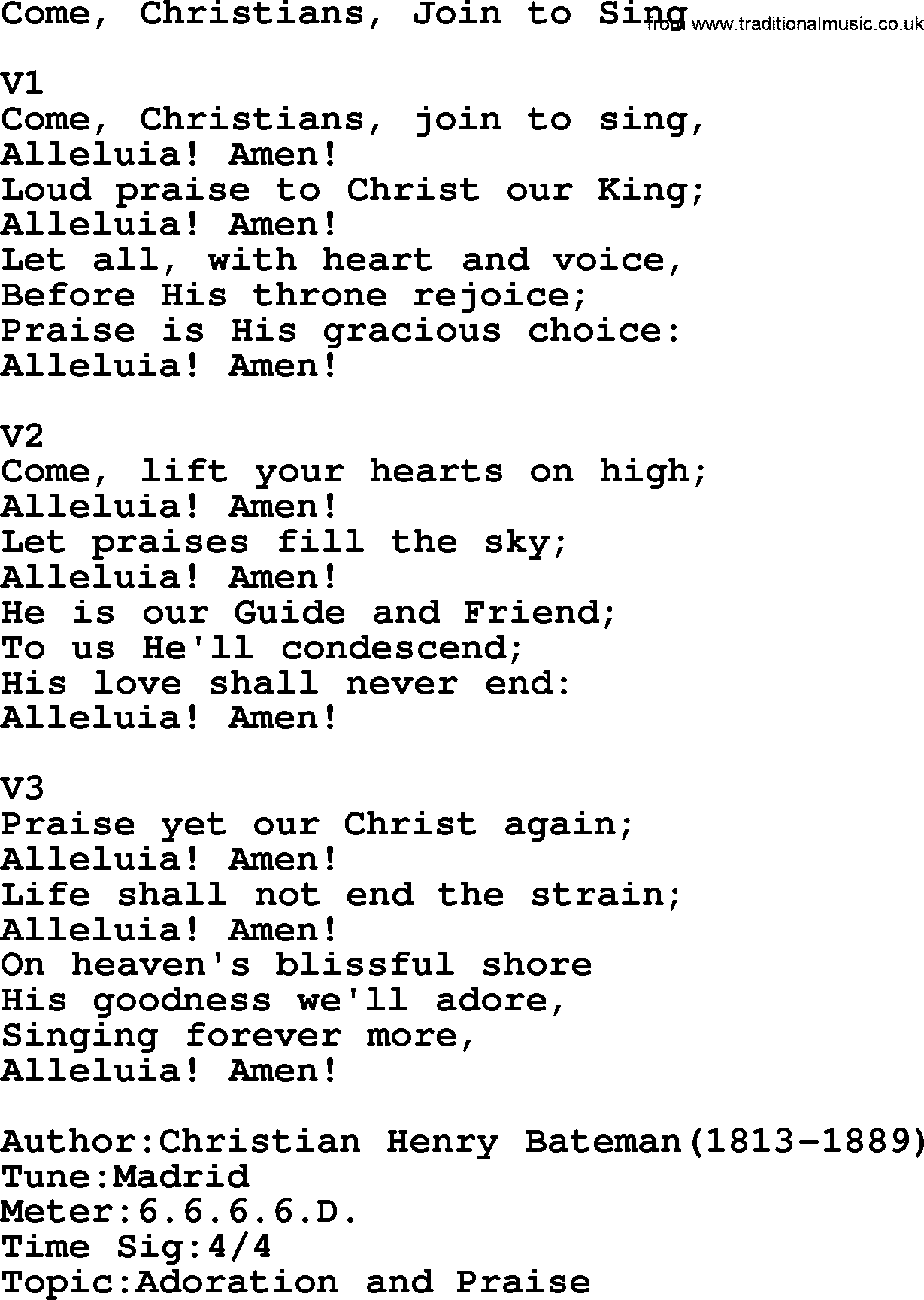 Adventist Hynms collection, Hymn: Come, Christians, Join To Sing, lyrics with PDF