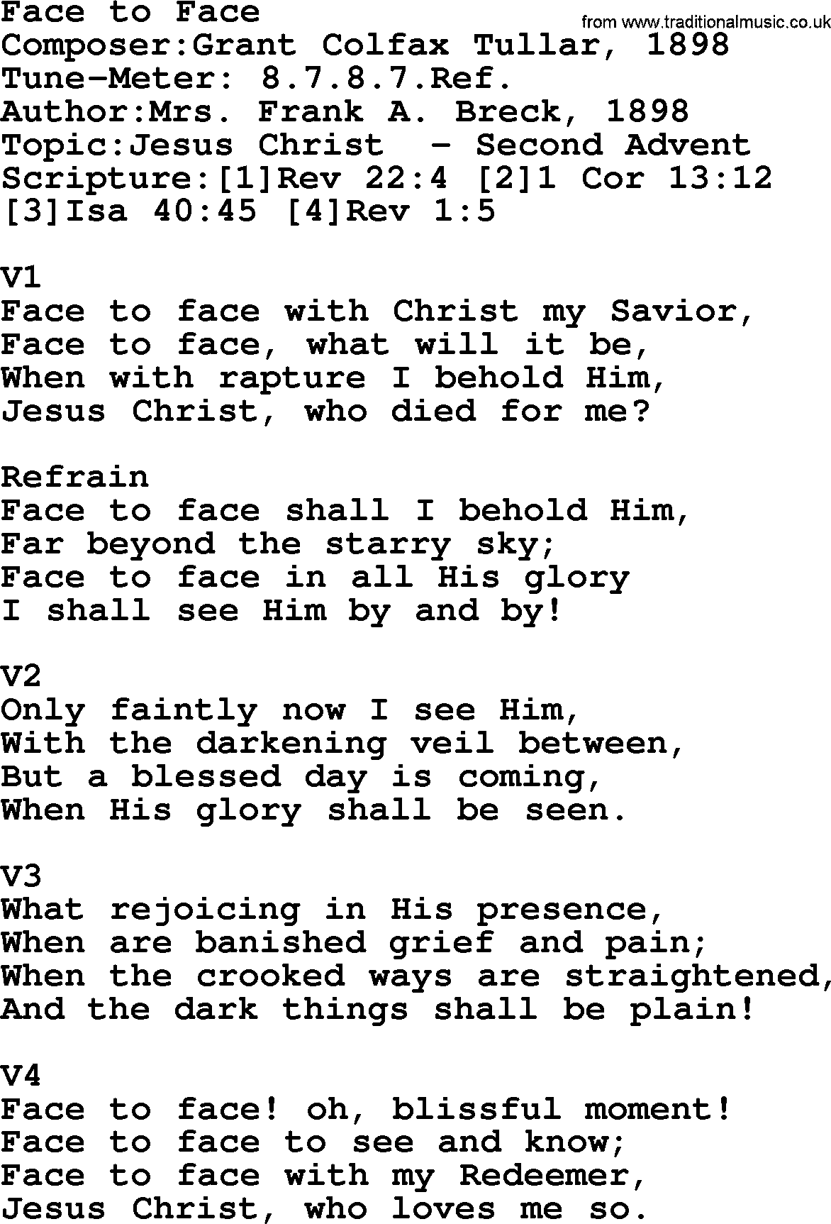 Adventist Hynms collection, Hymn: Face To Face, lyrics with PDF