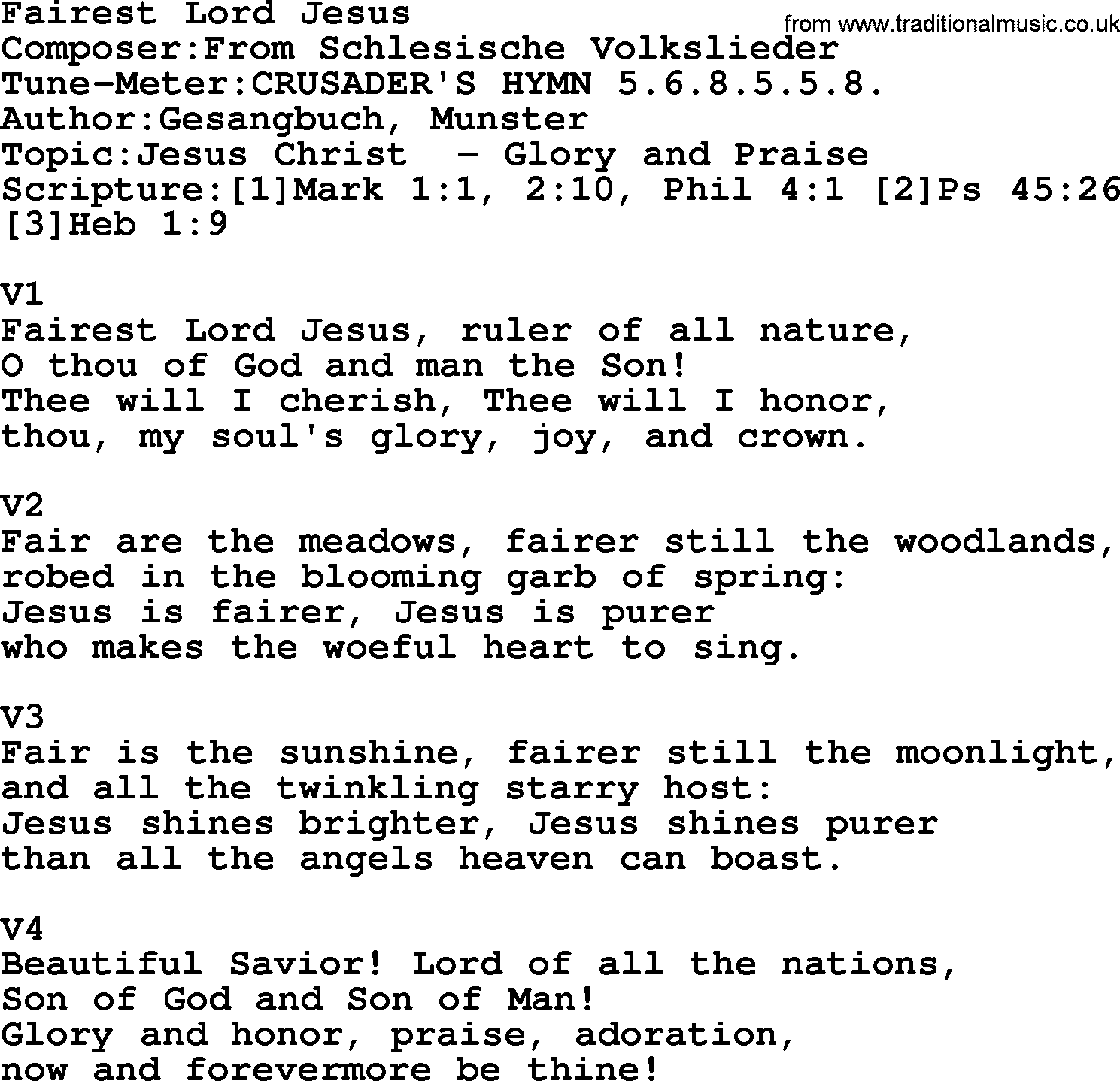 Adventist Hynms collection, Hymn: Fairest Lord Jesus, lyrics with PDF