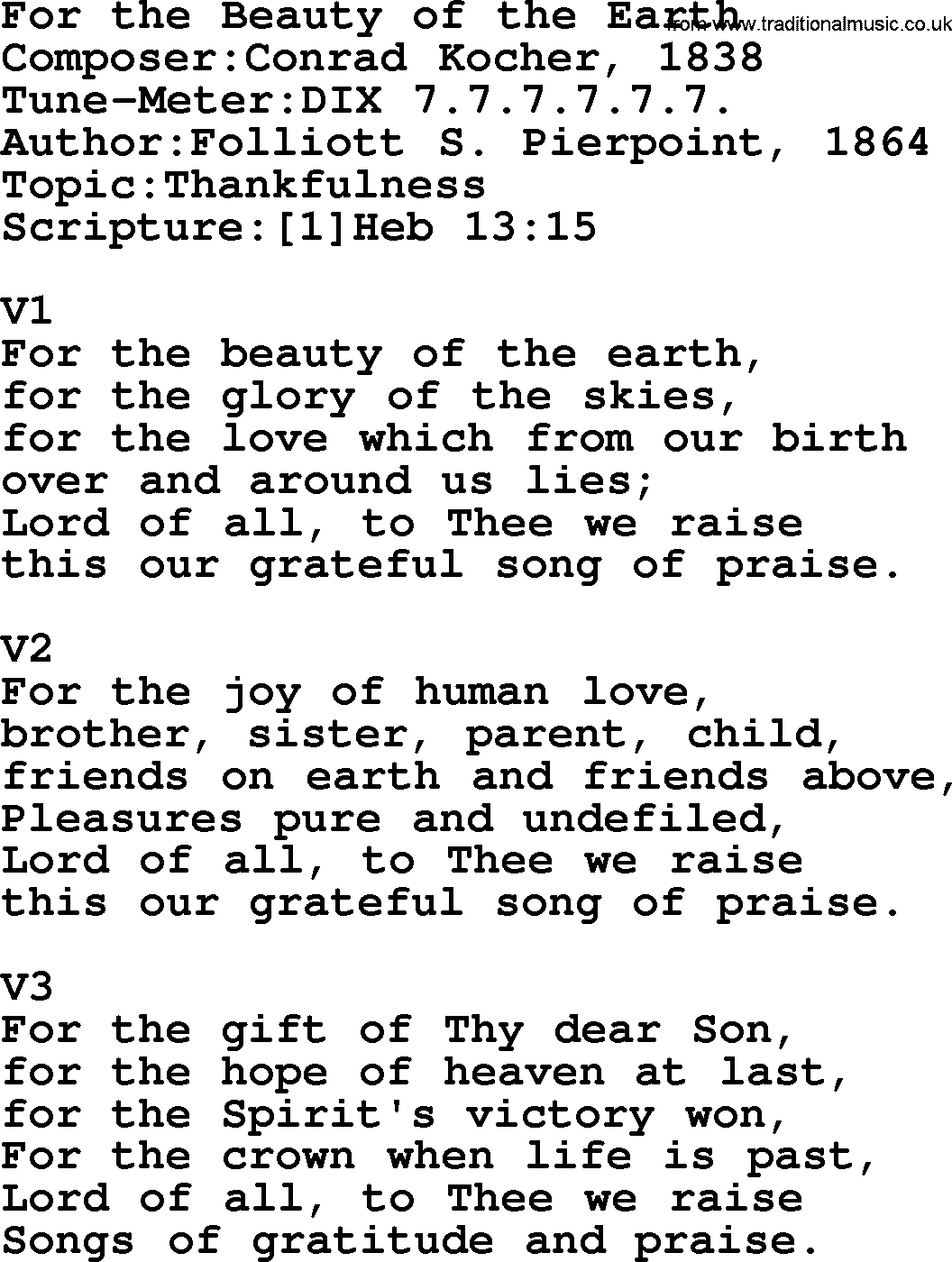 Adventist Hynms collection, Hymn: For The Beauty Of The Earth, lyrics with PDF