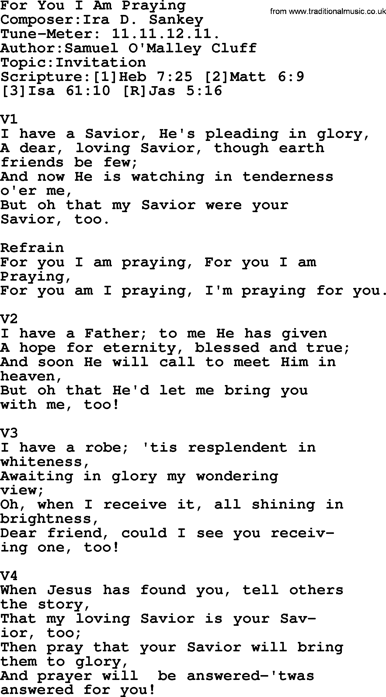 Adventist Hynms collection, Hymn: For You I Am Praying, lyrics with PDF