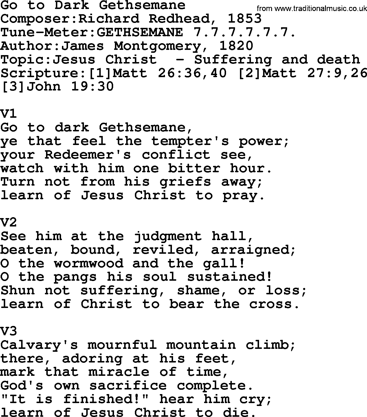 Adventist Hynms collection, Hymn: Go To Dark Gethsemane, lyrics with PDF