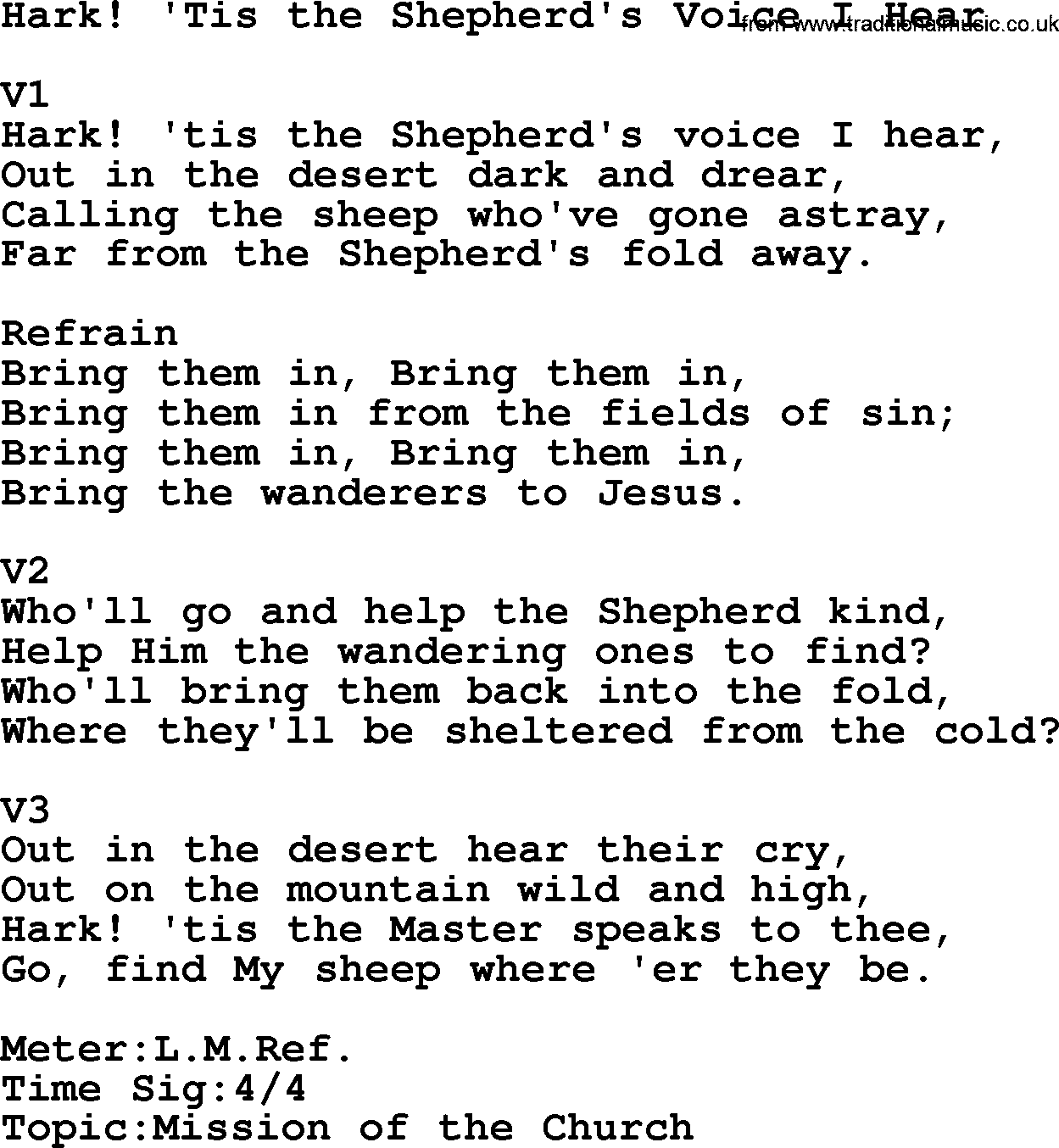 Adventist Hynms collection, Hymn: Hark! 'Tis The Shepherd's Voice I Hear, lyrics with PDF