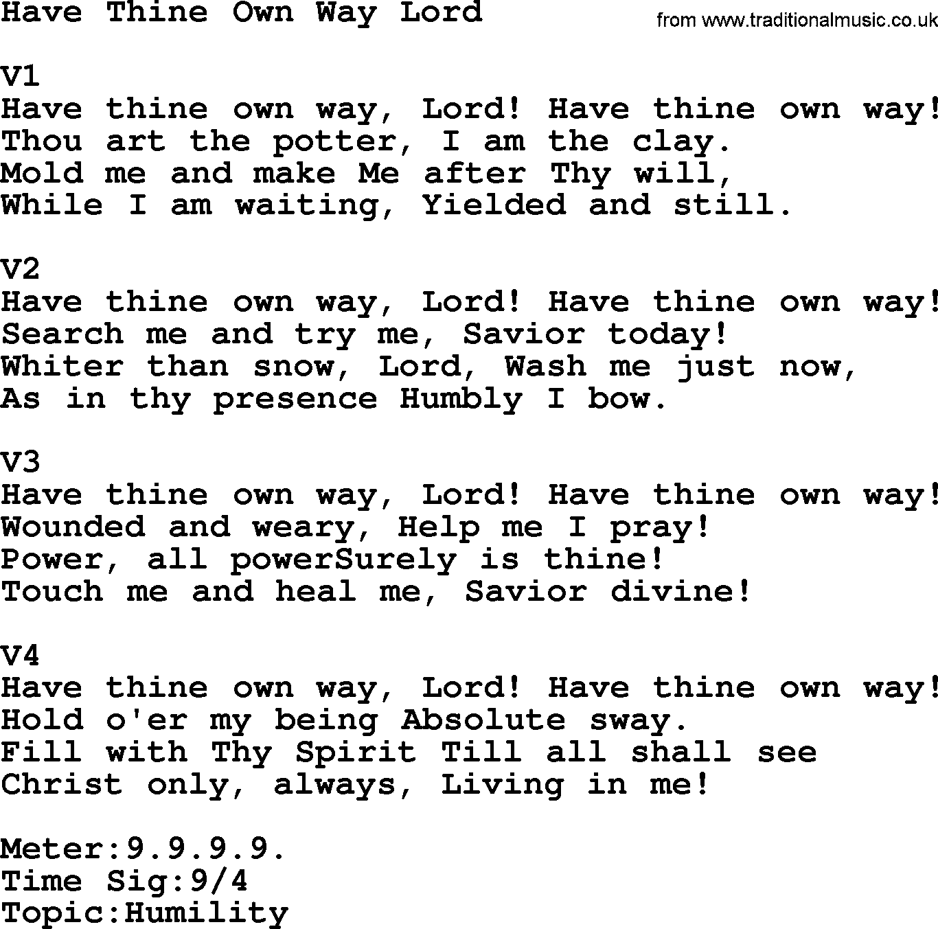 Adventist Hynms collection, Hymn: Have Thine Own Way Lord, lyrics with PDF