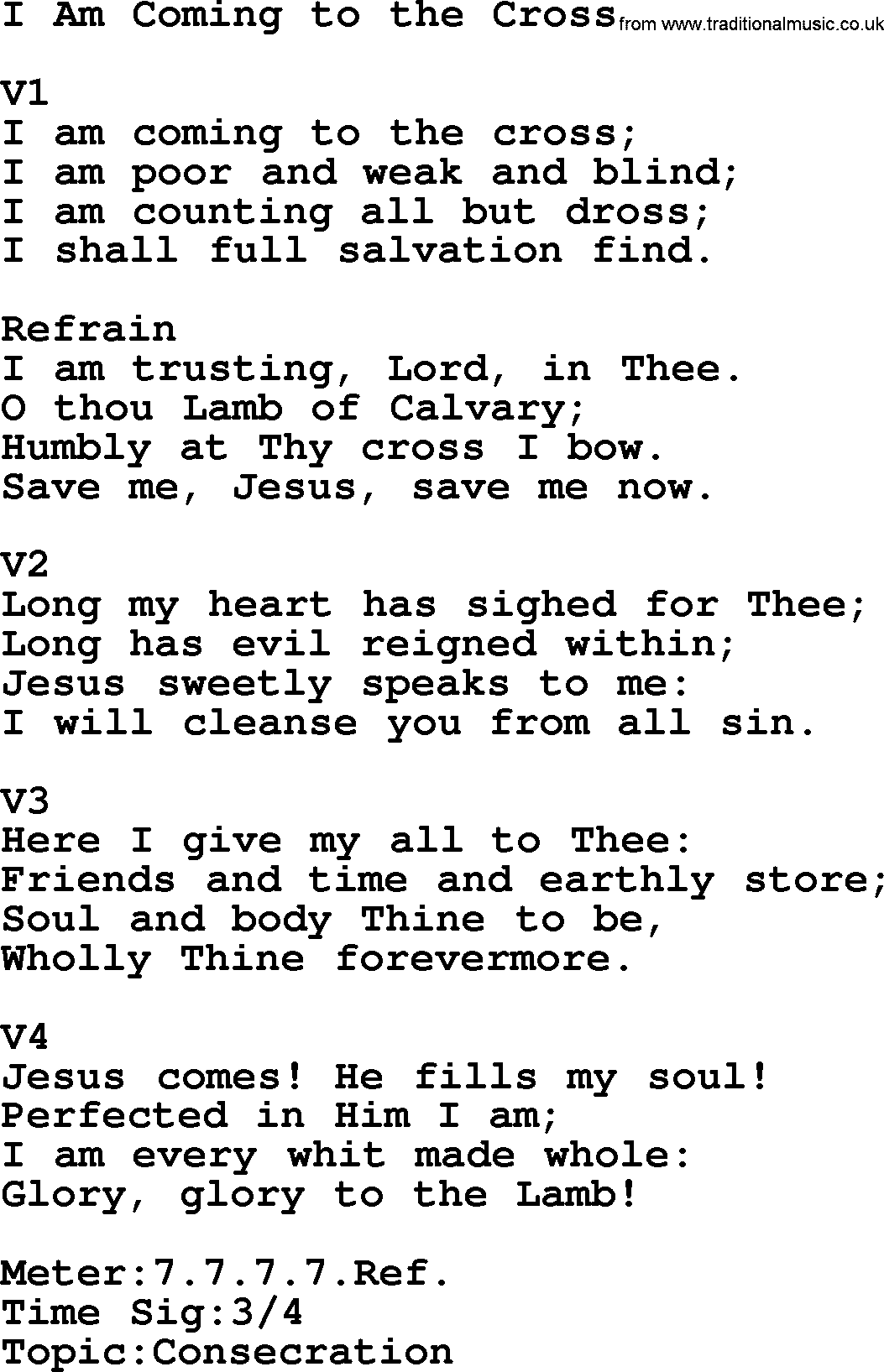 Adventist Hynms collection, Hymn: I Am Coming To The Cross, lyrics with PDF