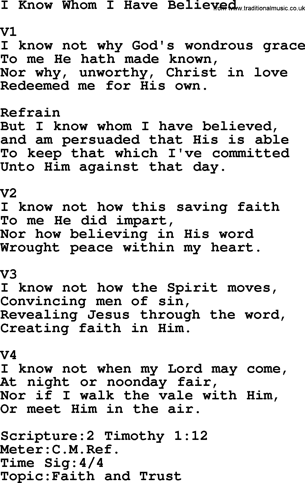 Adventist Hynms collection, Hymn: I Know Whom I Have Believed, lyrics with PDF