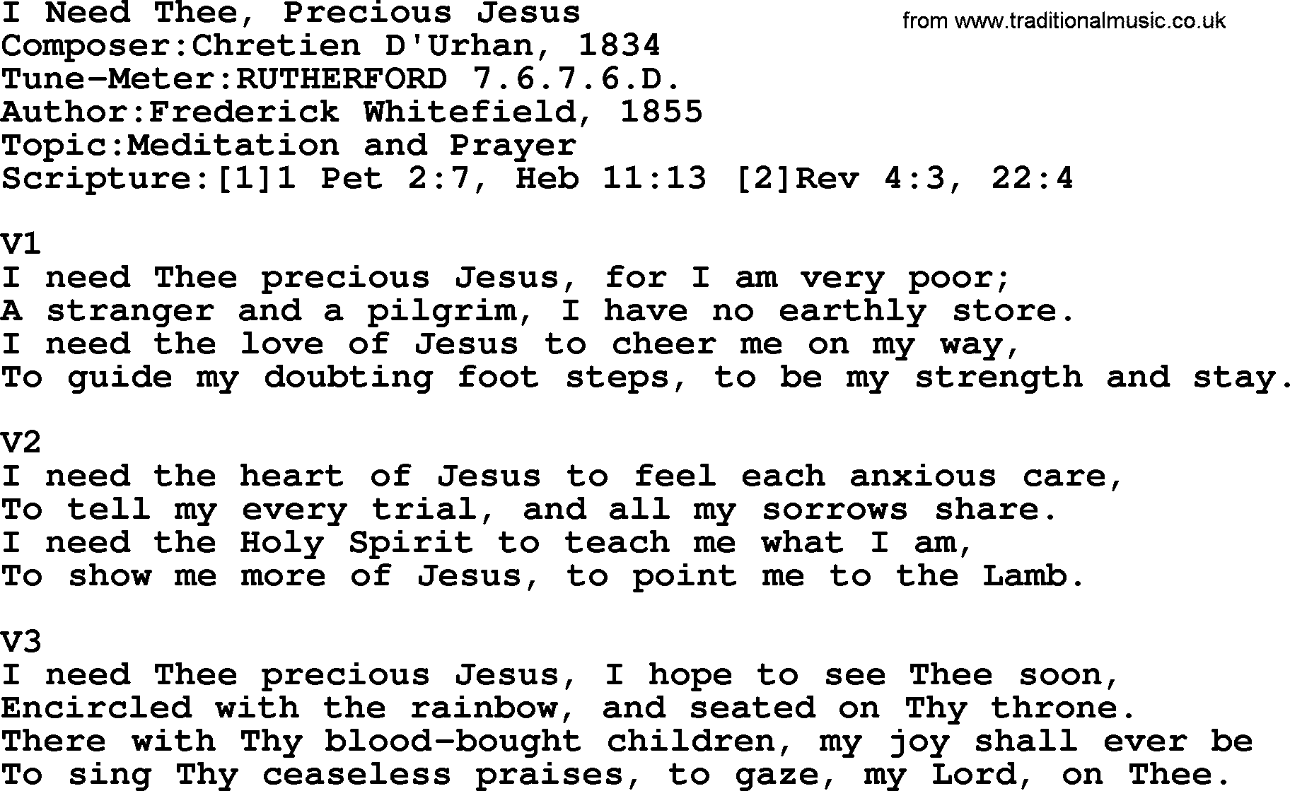Adventist Hynms collection, Hymn: I Need Thee, Precious Jesus, lyrics with PDF