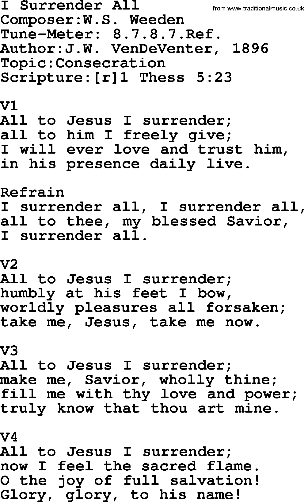 Adventist Hynms collection, Hymn: I Surrender All, lyrics with PDF