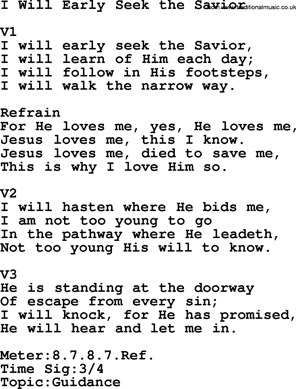 Adventist Hynms collection, Hymn: I Will Early Seek The Savior, lyrics with PDF