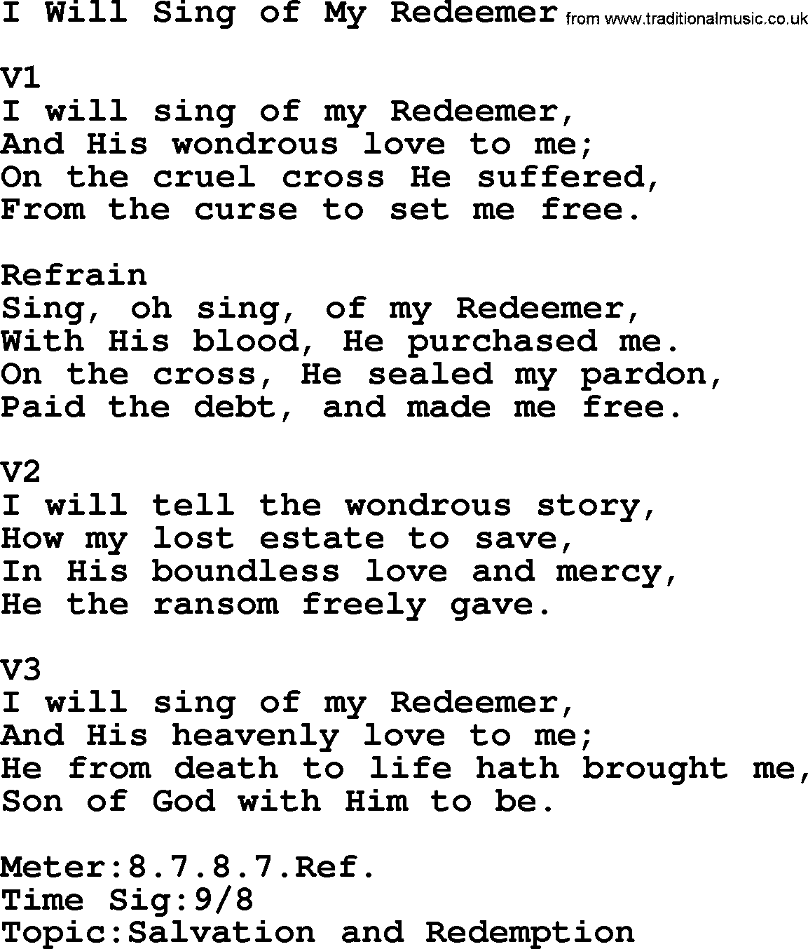Adventist Hynms collection, Hymn: I Will Sing Of My Redeemer, lyrics with PDF