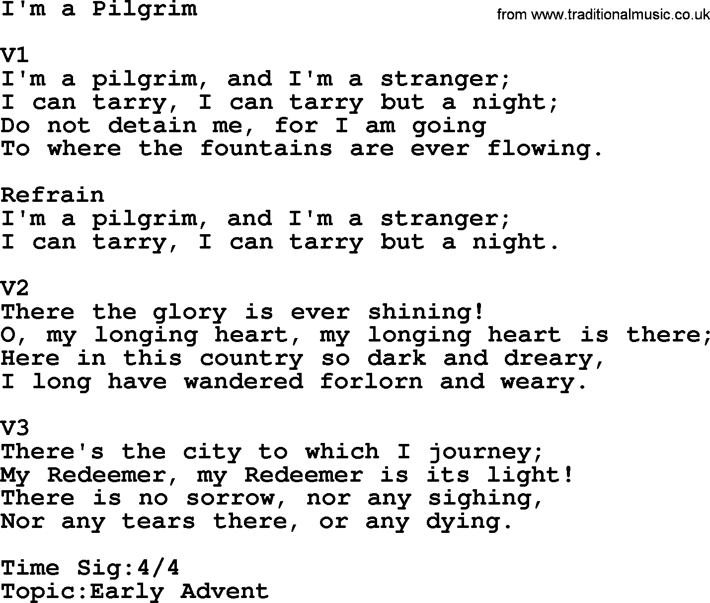 Adventist Hynms collection, Hymn: I'm A Pilgrim, lyrics with PDF