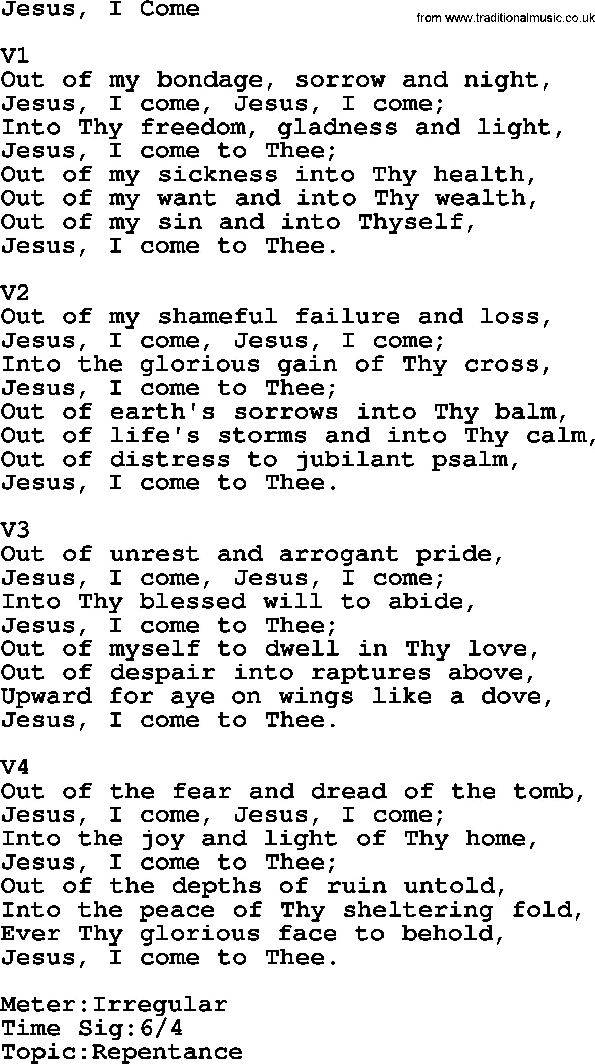 Adventist Hynms collection, Hymn: Jesus, I Come, lyrics with PDF