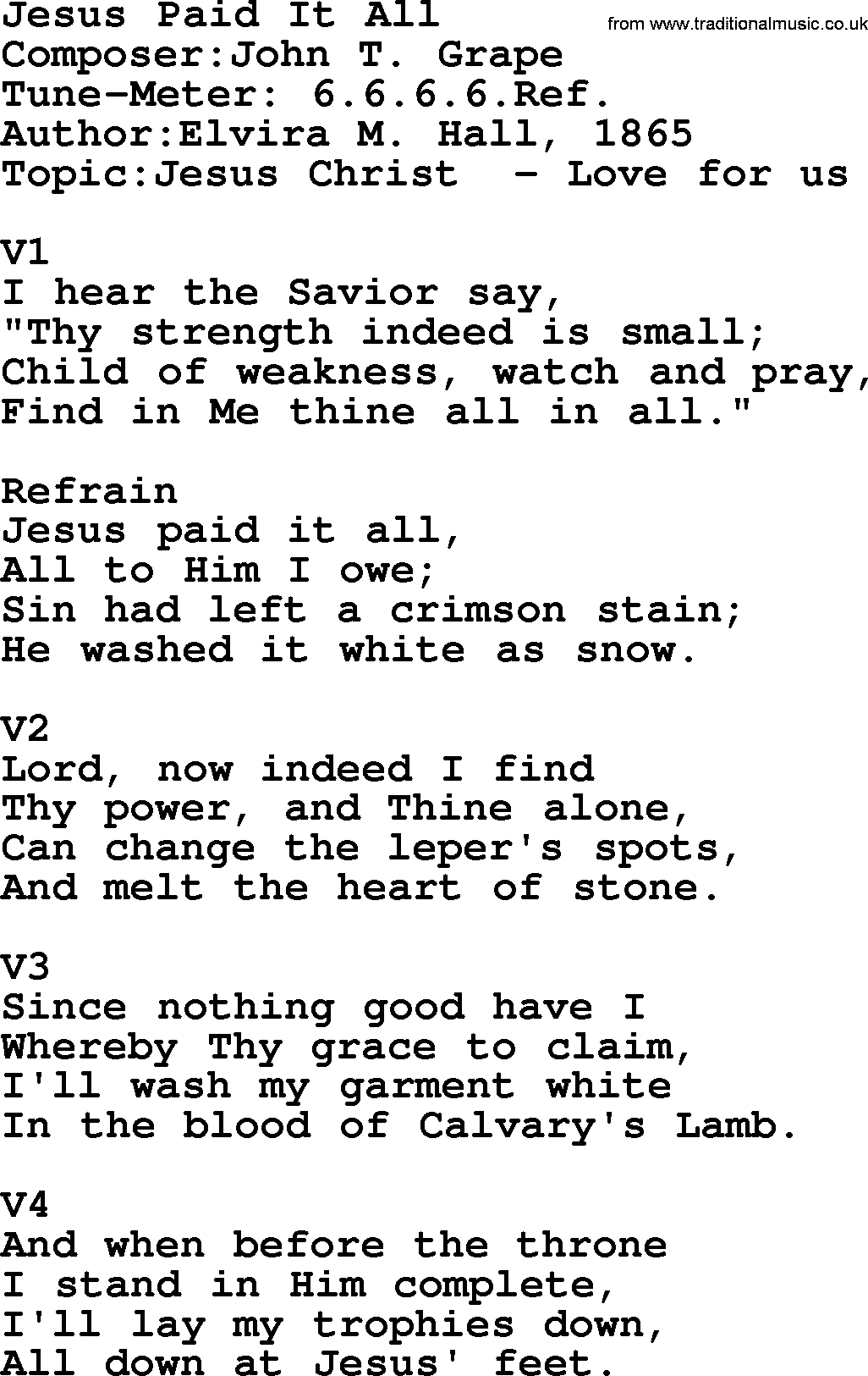 Adventist Hynms collection, Hymn: Jesus Paid It All, lyrics with PDF