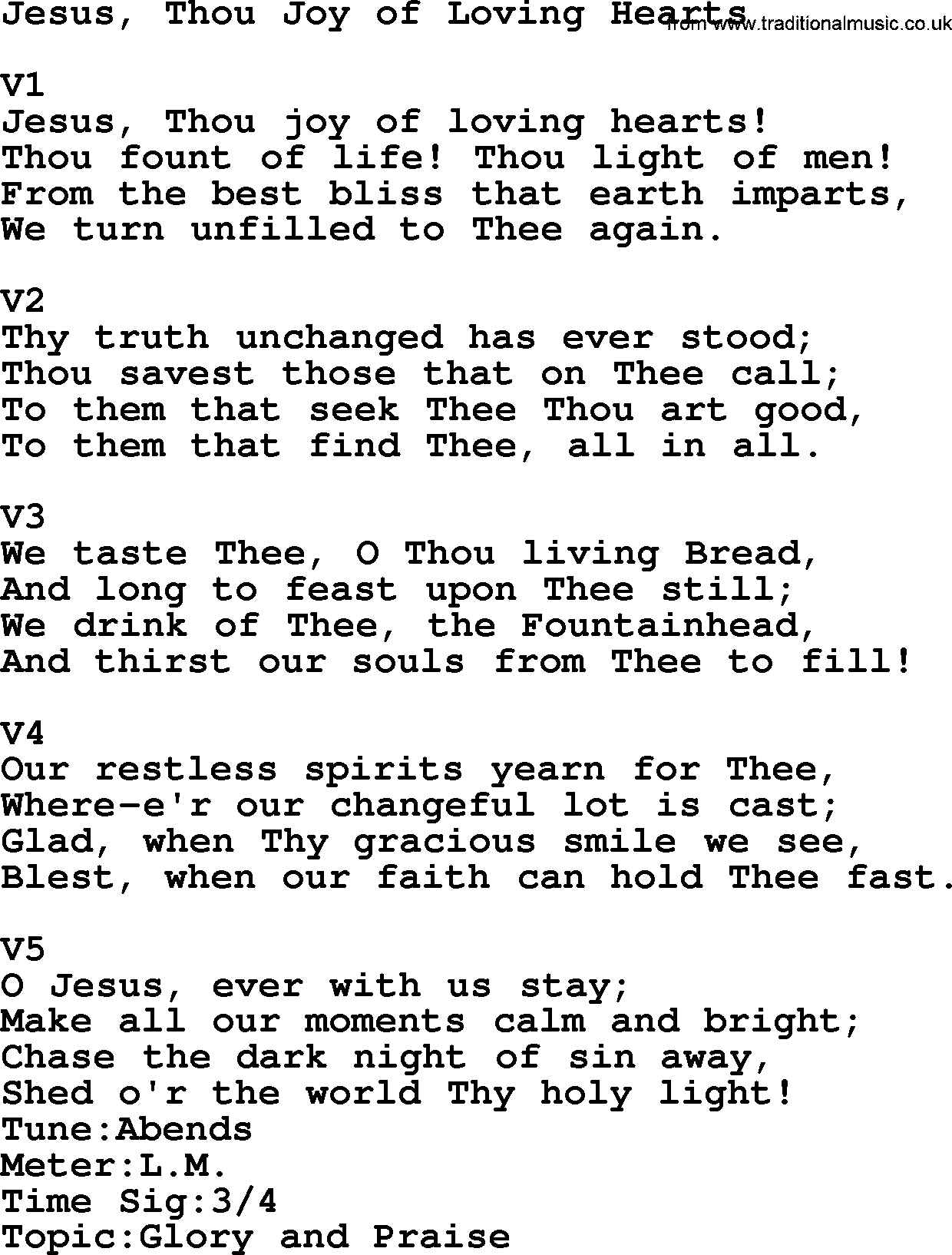 Adventist Hynms collection, Hymn: Jesus, Thou Joy Of Loving Hearts, lyrics with PDF