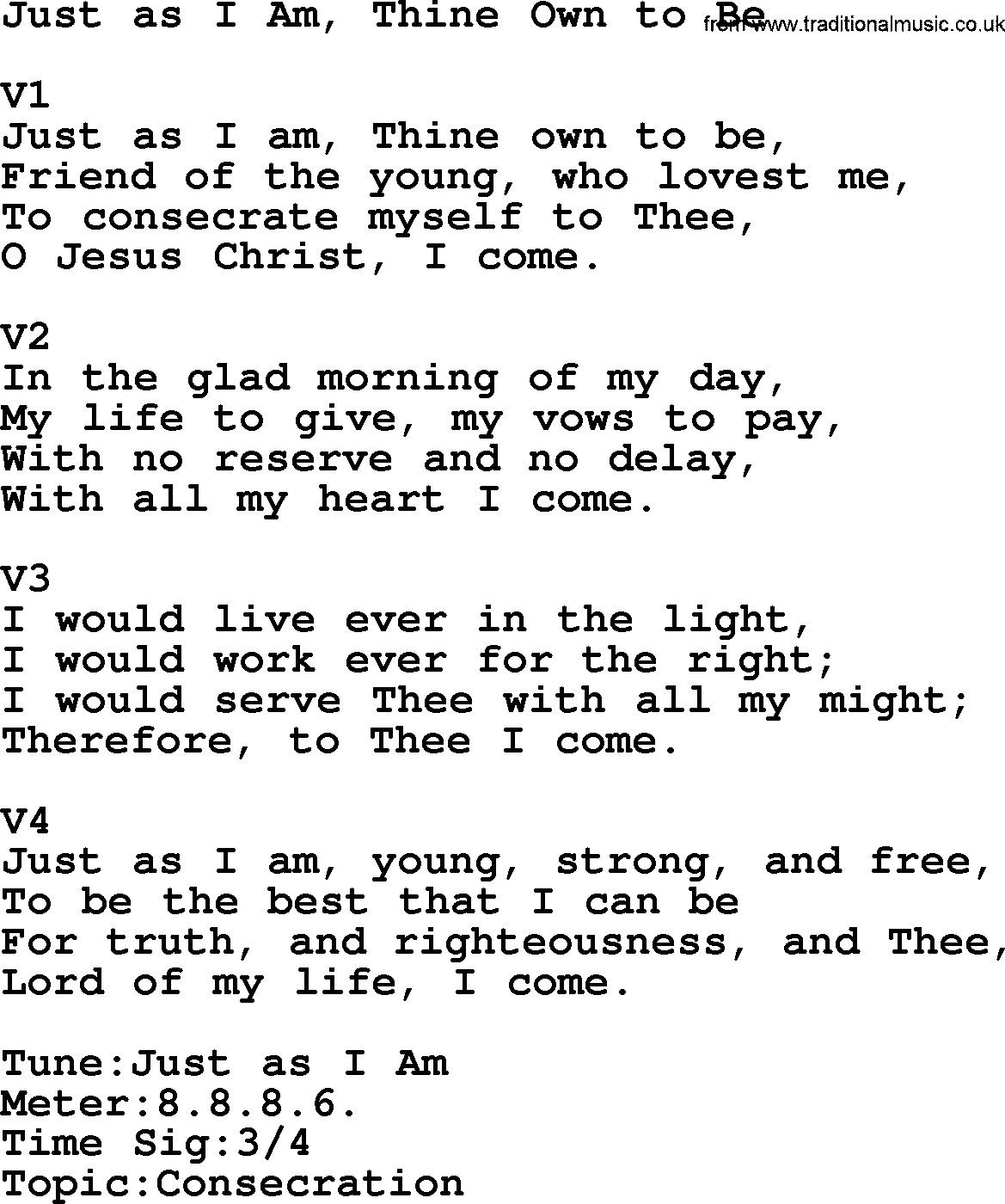 Adventist Hynms collection, Hymn: Just As I Am, Thine Own To Be, lyrics with PDF