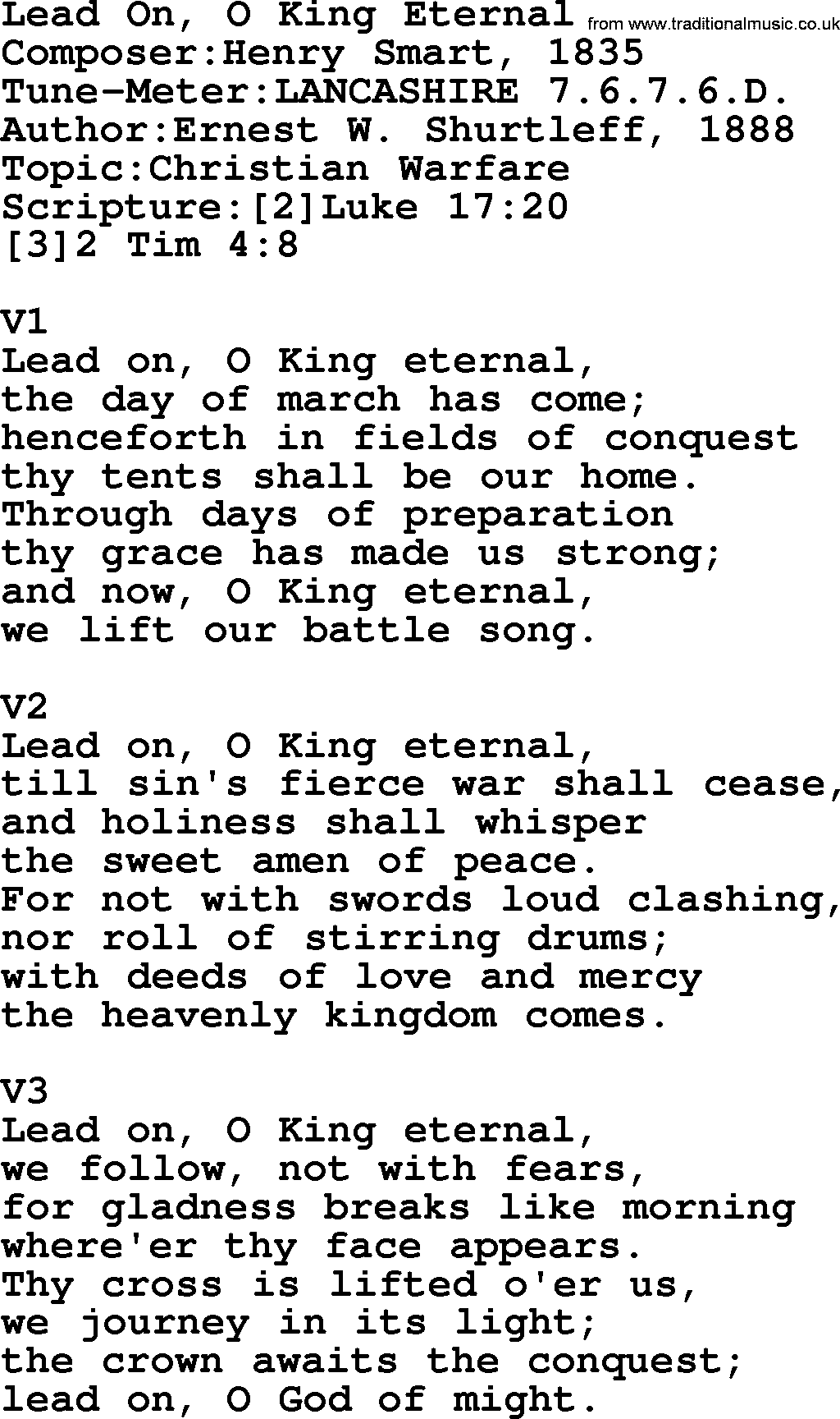 Adventist Hynms collection, Hymn: Lead On, O King Eternal, lyrics with PDF